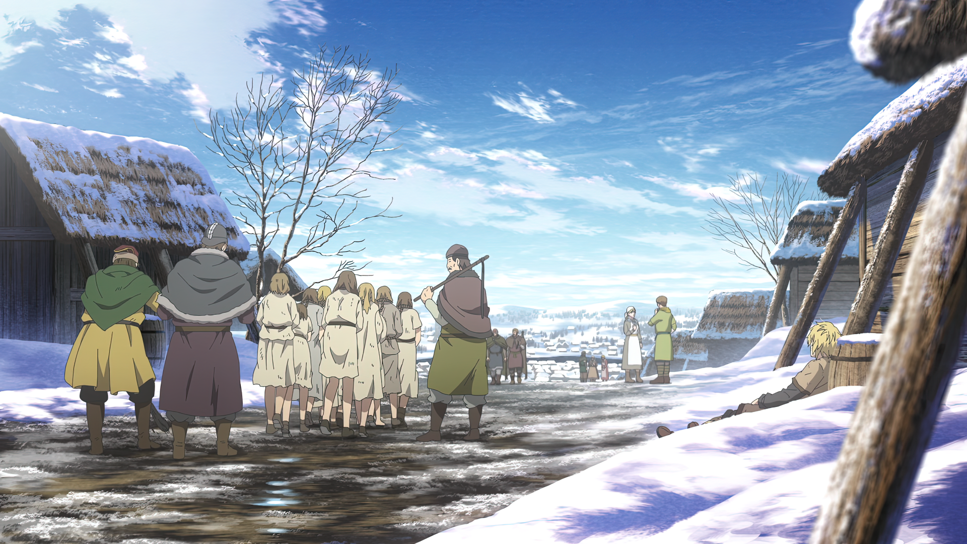 A stunning 4K Ultra HD wallpaper from Vinland Saga, depicting a snowy village scene with characters gathered under a bright sky, capturing the essence of the anime's rich storytelling.