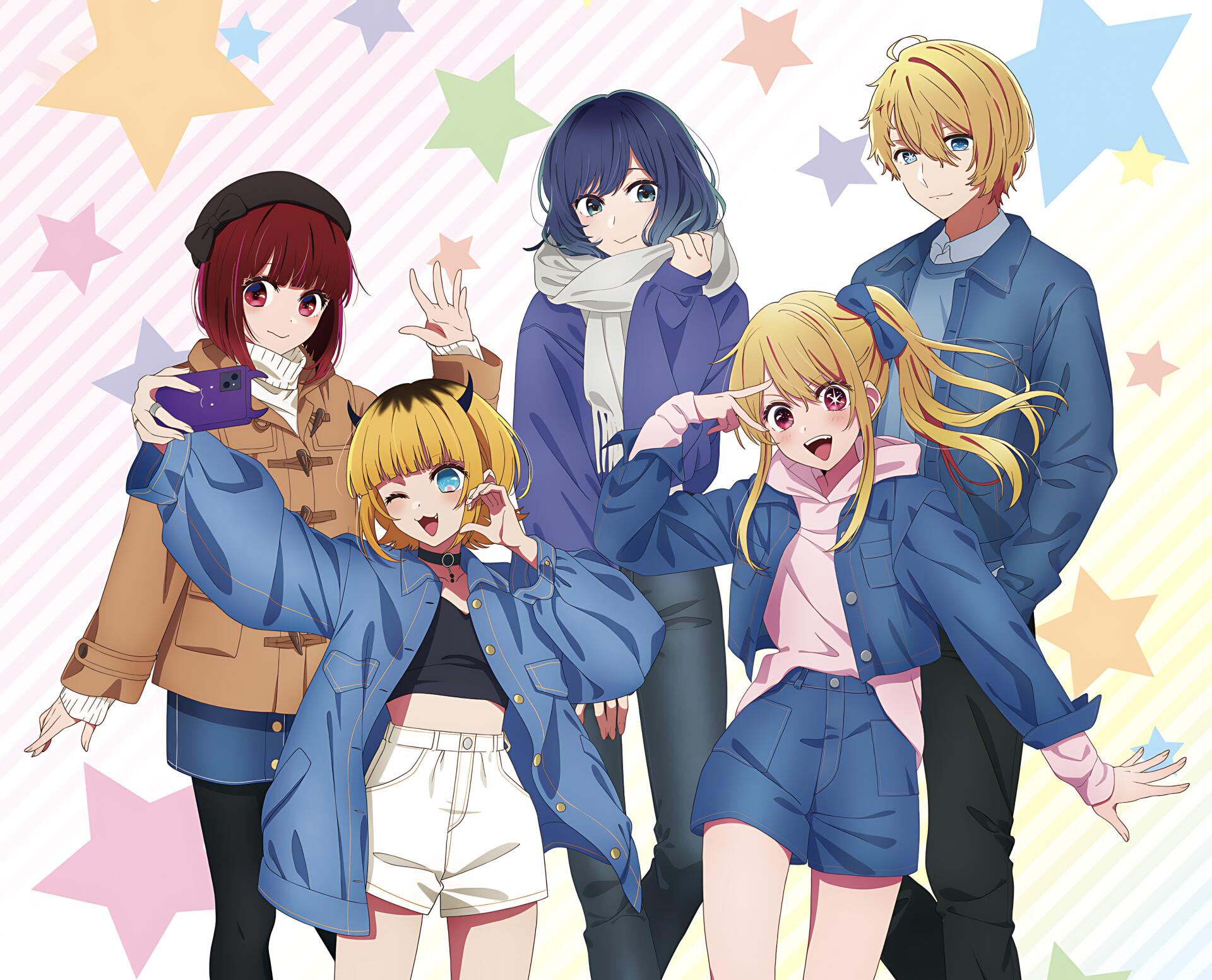 Anime-style 4K Ultra HD wallpaper featuring five vibrant characters from Oshi no Ko posing energetically against a pastel star-themed background.