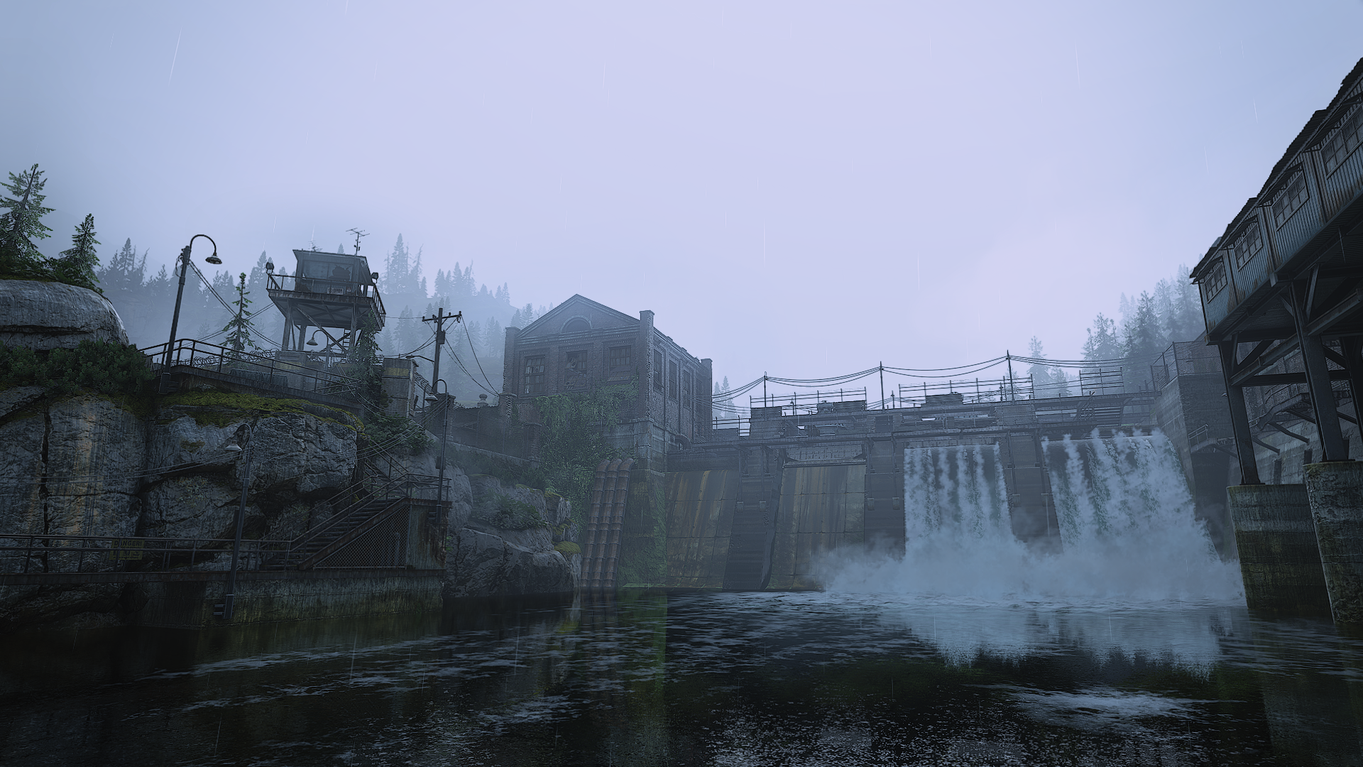 A misty landscape from *The Last of Us*, featuring a dam and surrounding ruins, serves as a striking HD PC desktop wallpaper and background. Water flows dramatically in the scene.