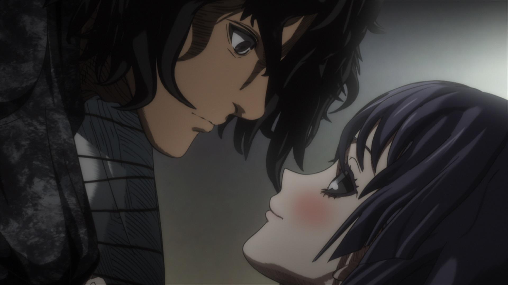 A dramatic moment from Kengan Ashura, featuring two characters in an intense gaze, set against a muted background, creating a captivating HD anime wallpaper.