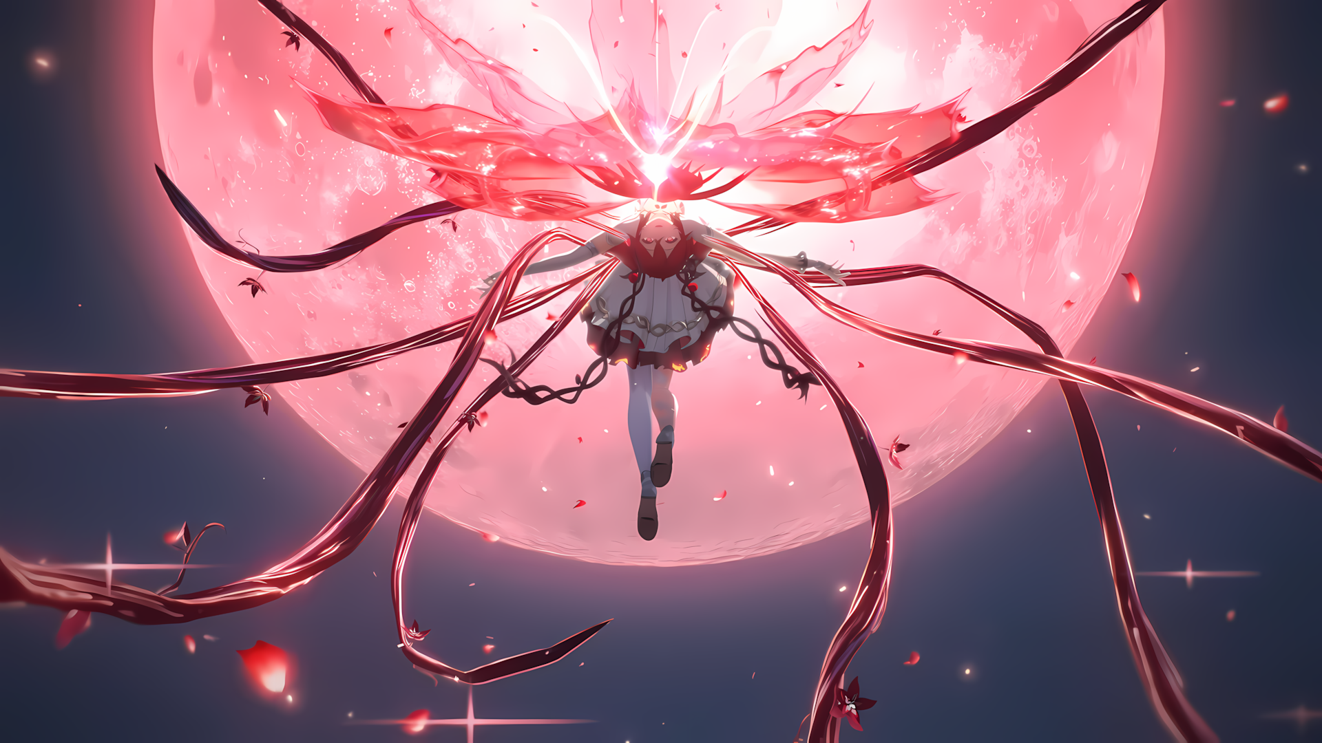 A stunning HD wallpaper featuring Camellya from the video game Wuthering Waves, soaring against a vibrant pink moon with flowing, intricate red elements surrounding her.