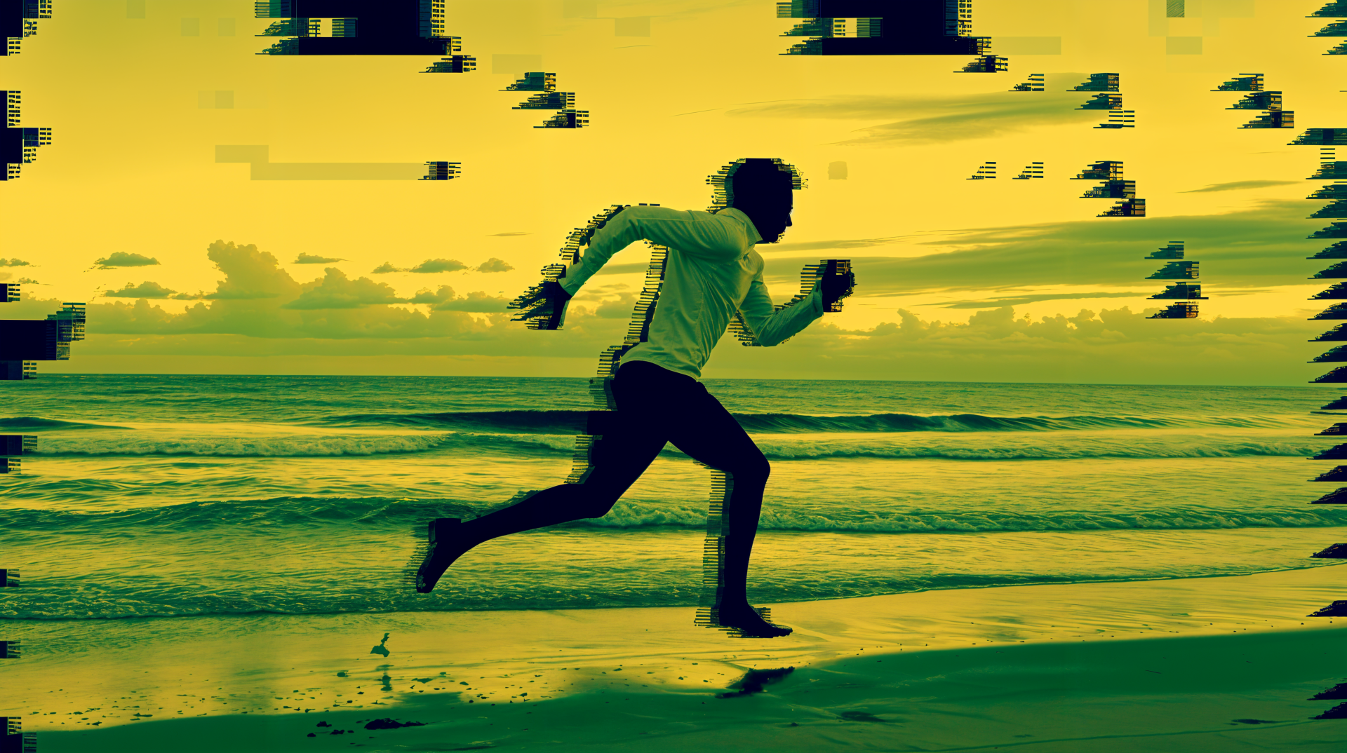 A silhouette of a runner sprinting along a beach at sunset, captured in a vibrant yellow hue. This image serves as a striking 4K Ultra HD desktop wallpaper and background.