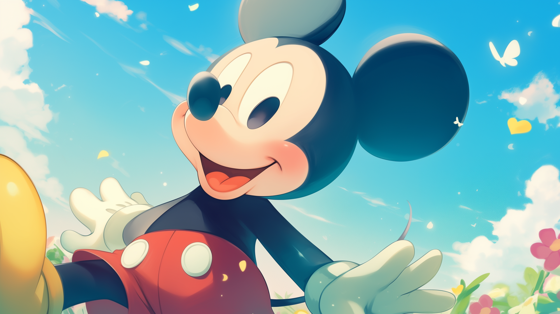 Colorful HD wallpaper featuring Mickey Mouse, smiling and surrounded by butterflies against a bright blue sky, capturing the joyful essence of Disney.