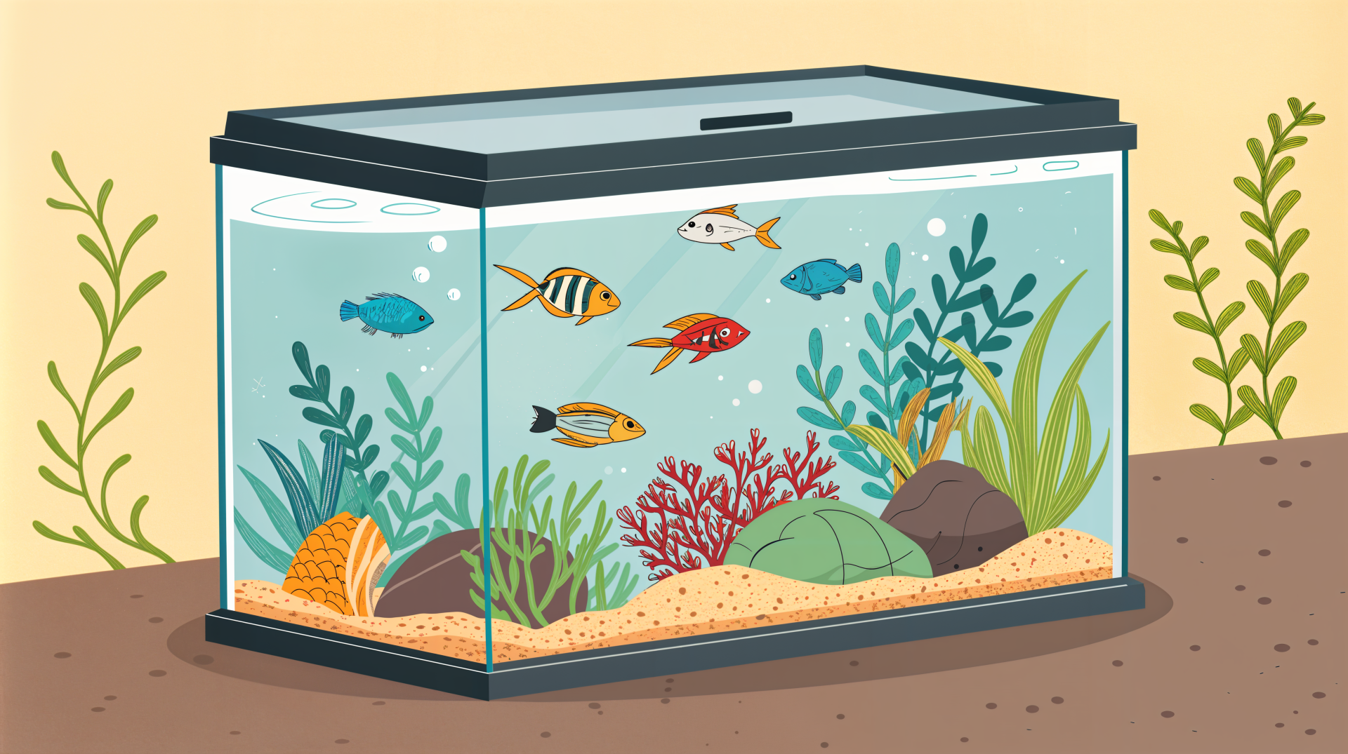 A vibrant fish tank filled with colorful fish, lush green plants, and decorative rocks, rendered in 4K Ultra HD for an immersive desktop wallpaper experience.