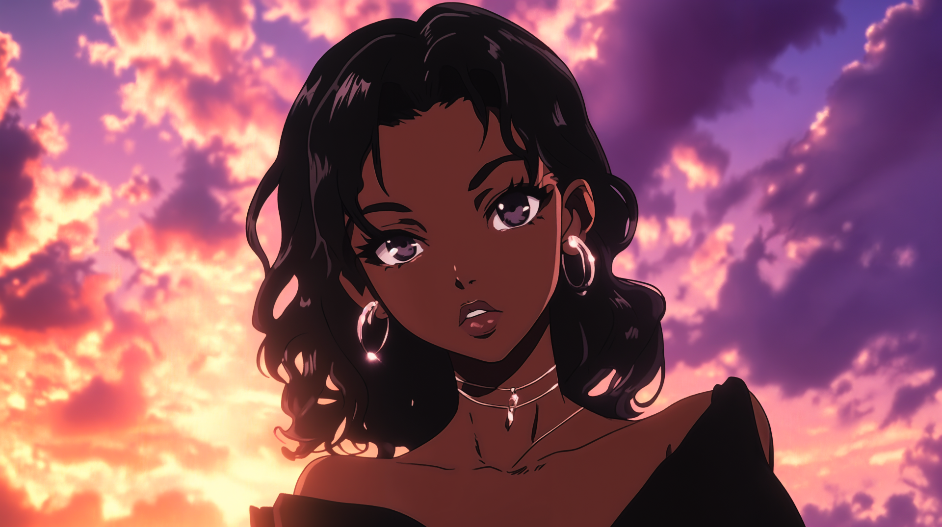 A captivating black anime girl against a vibrant sunset, showcasing detailed artwork in 4K Ultra HD, serves as an eye-catching desktop wallpaper and background.