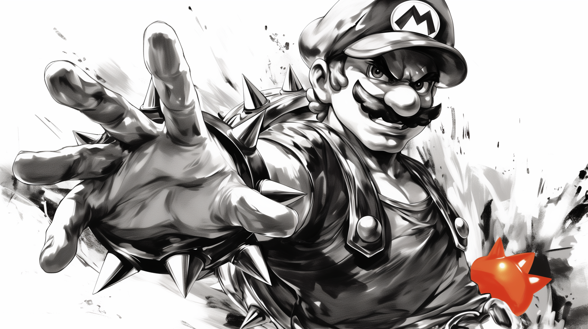 A dynamic black and white illustration of Mario from Super Mario Bros, showcasing his iconic look and a bold, action-oriented pose in an HD PC desktop wallpaper style.
