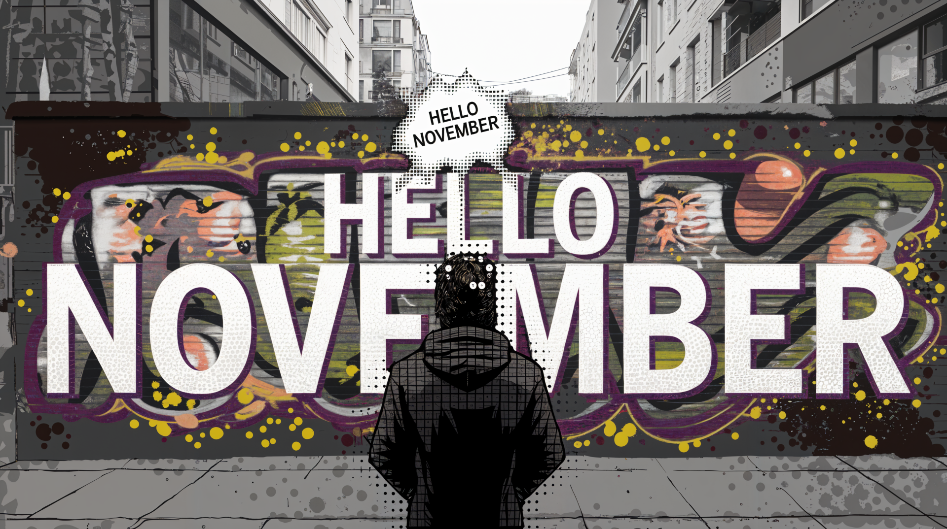 A person stands before a vibrant mural featuring the phrase Hello November, capturing an urban atmosphere. This 4K Ultra HD wallpaper brings seasonal change to your desktop.