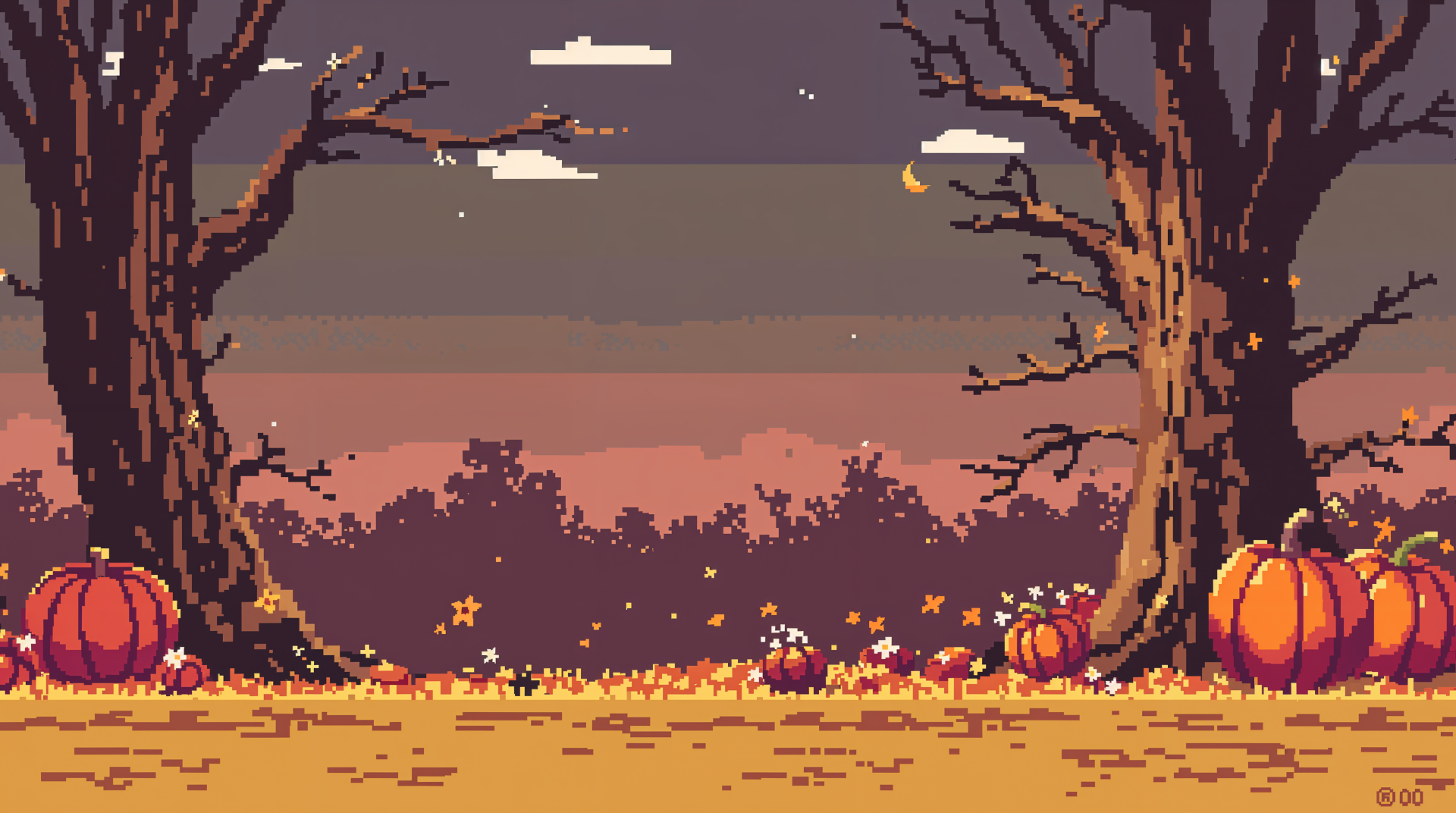 A vibrant 4K Ultra HD desktop wallpaper featuring a tranquil autumn scene with bare trees, scattered pumpkins, and a twilight sky filled with stars and clouds.