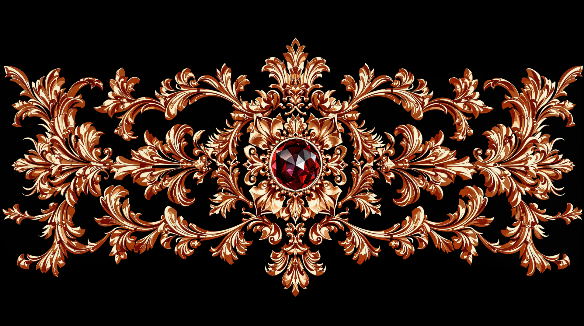 A lavish rose gold design featuring intricate floral patterns and a central jewel, set against a black background in stunning 4K Ultra HD quality.