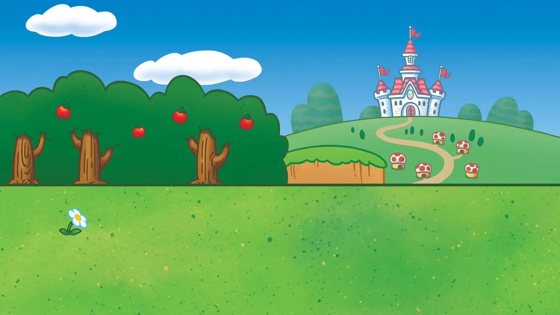 Super Mario HD PC desktop wallpaper: bright cartoon scene with a green meadow, apple trees, mushroom-lined path and a distant castle beneath a blue, cloud-dotted sky.