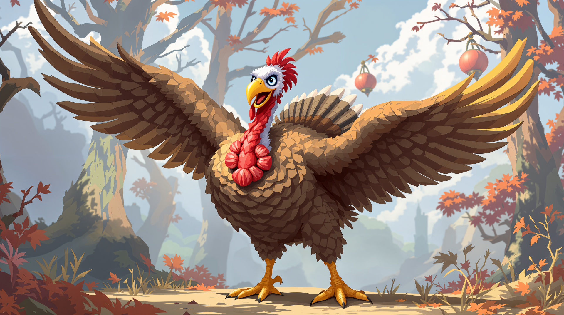 Colorful cartoon turkey spreading wings in an autumn forest with fallen leaves and mist, depicted in vibrant 4K Ultra HD desktop wallpaper style.