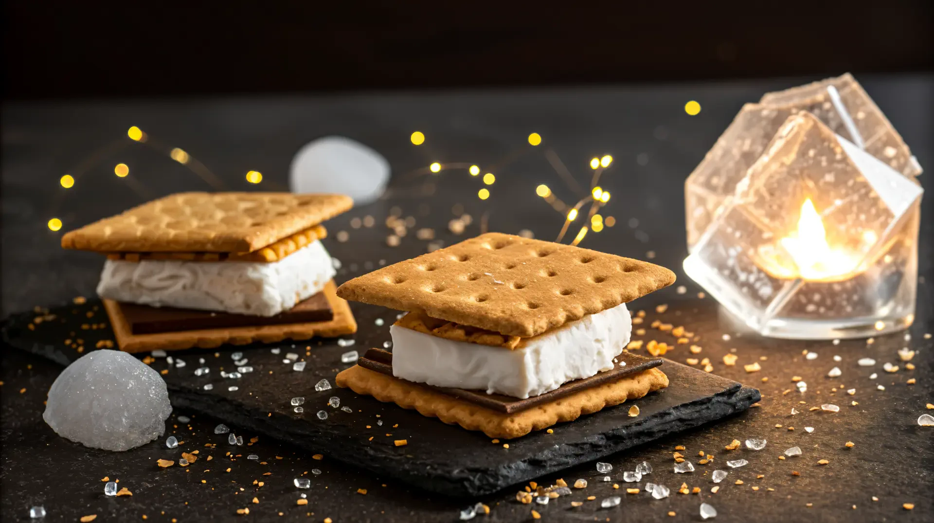 Two s'mores made with graham crackers, chocolate, and marshmallow are artfully arranged on a dark slate background, adorned with twinkling lights, creating a cozy ambiance in this 4K Ultra HD wallpaper.