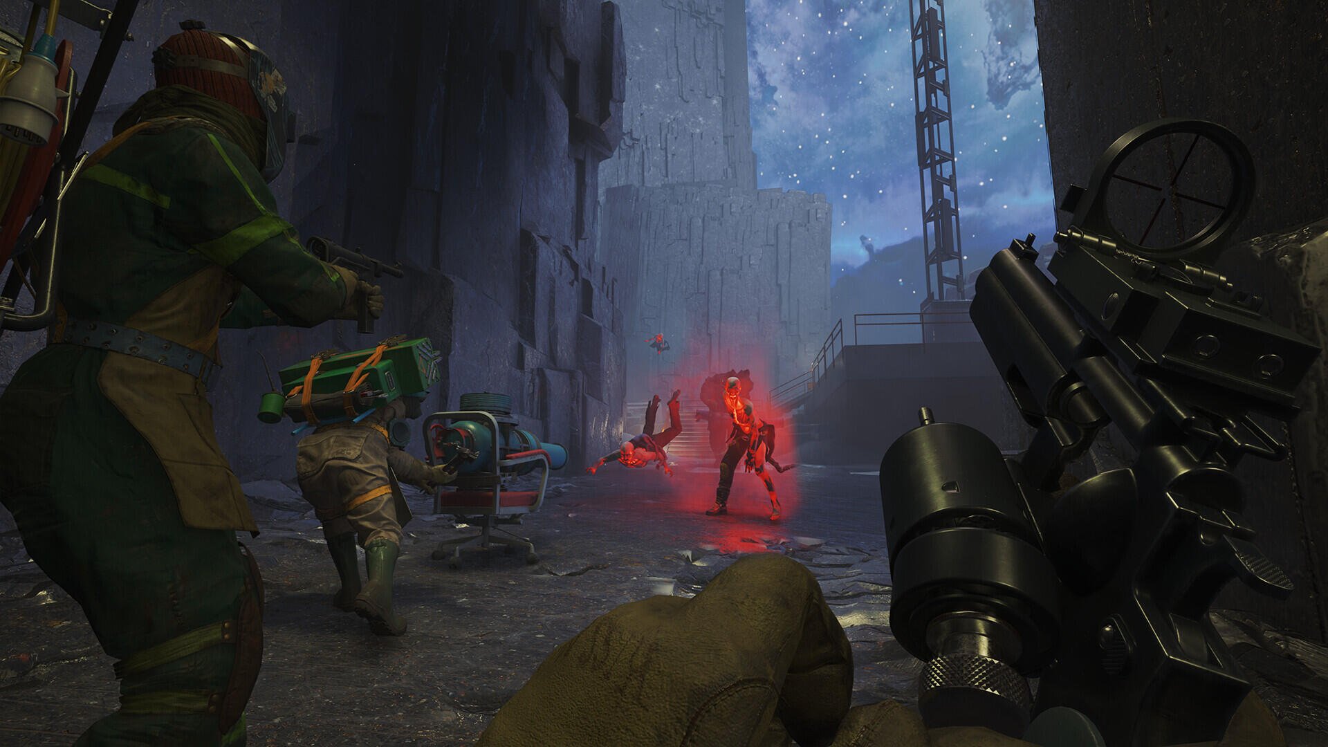 HD PC desktop wallpaper of the video game FBC: Firebreak showing armed characters confronting a glowing red enemy in a dark, industrial urban environment.