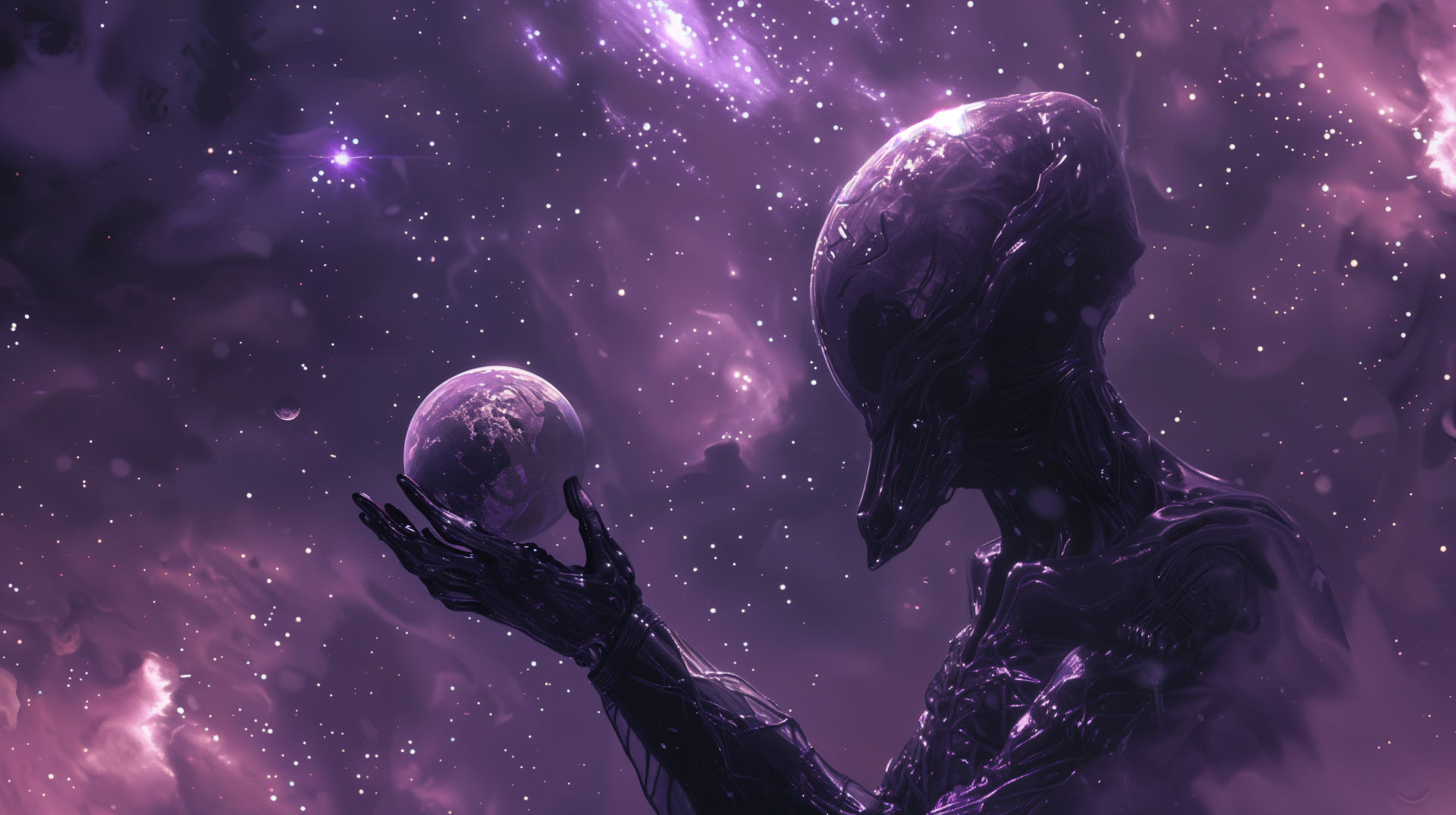 A mesmerizing sci-fi scene featuring an alien Elder God holding a small planet, set against a backdrop of vibrant galaxies and stars. A stunning 4K Ultra HD desktop wallpaper.