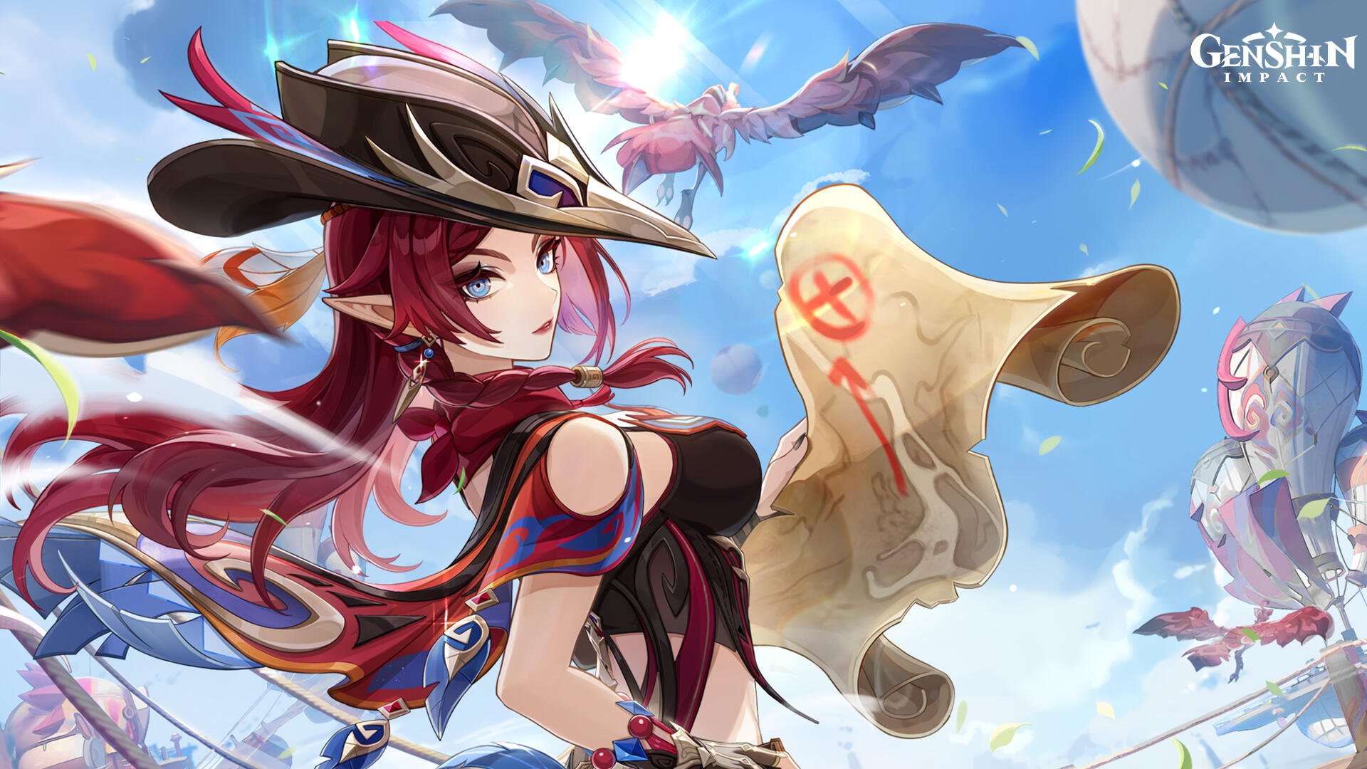 HD PC desktop wallpaper featuring Chasca from the video game Genshin Impact, set against a bright sky with birds flying in the background.