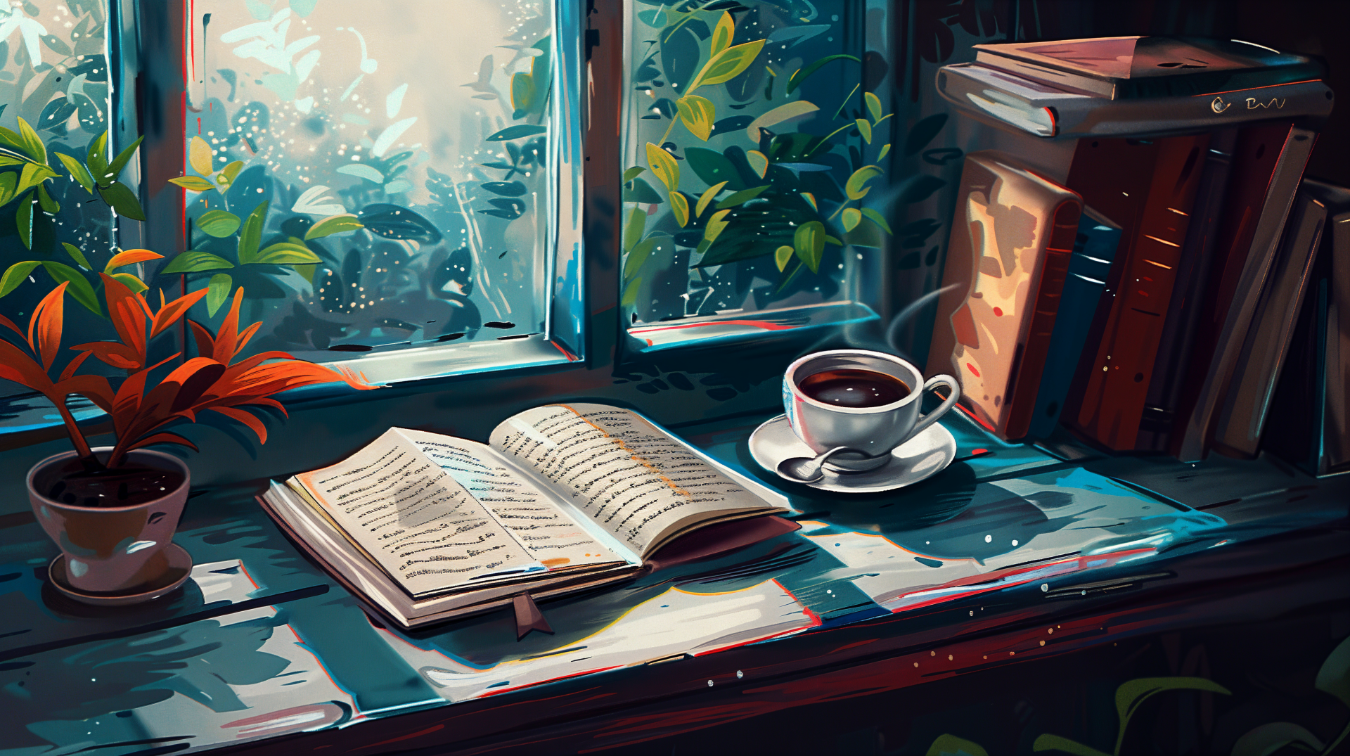 A cozy study scene featuring an open book, a cup of coffee, and shelves of books beside a bright window with lush greenery. Captured in 4K Ultra HD for a stunning desktop wallpaper.