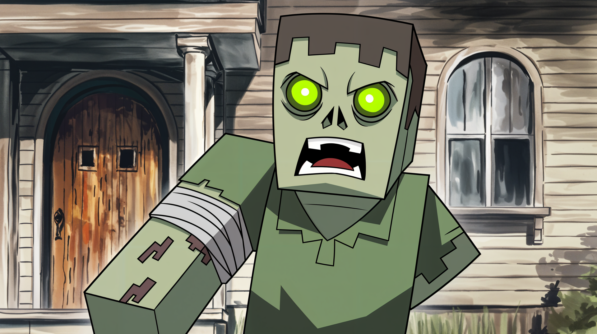 A Minecraft zombie character with glowing green eyes and tattered clothing, set against a rustic backdrop, showcased in a vibrant 4K Ultra HD desktop wallpaper.