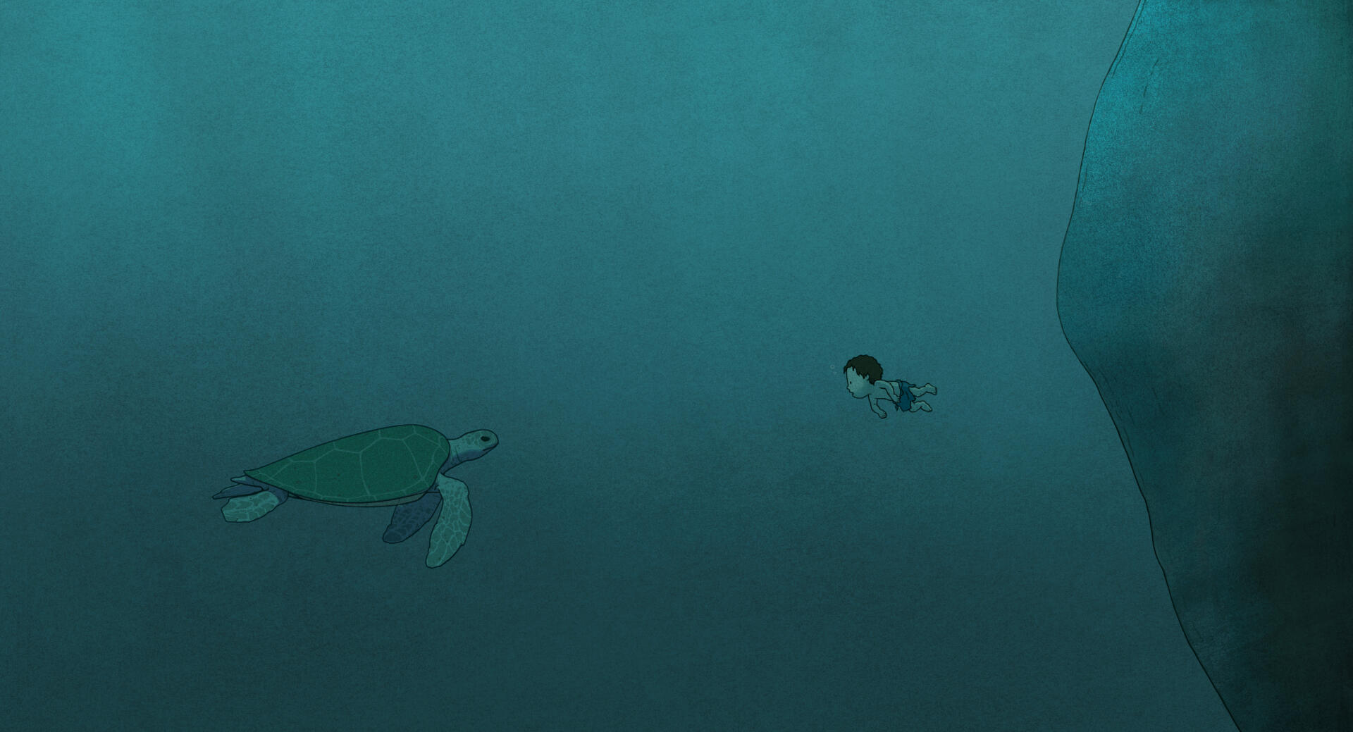 A serene underwater scene from the movie The Red Turtle, showcasing a turtle swimming alongside a human figure, captured in stunning 4K Ultra HD quality.