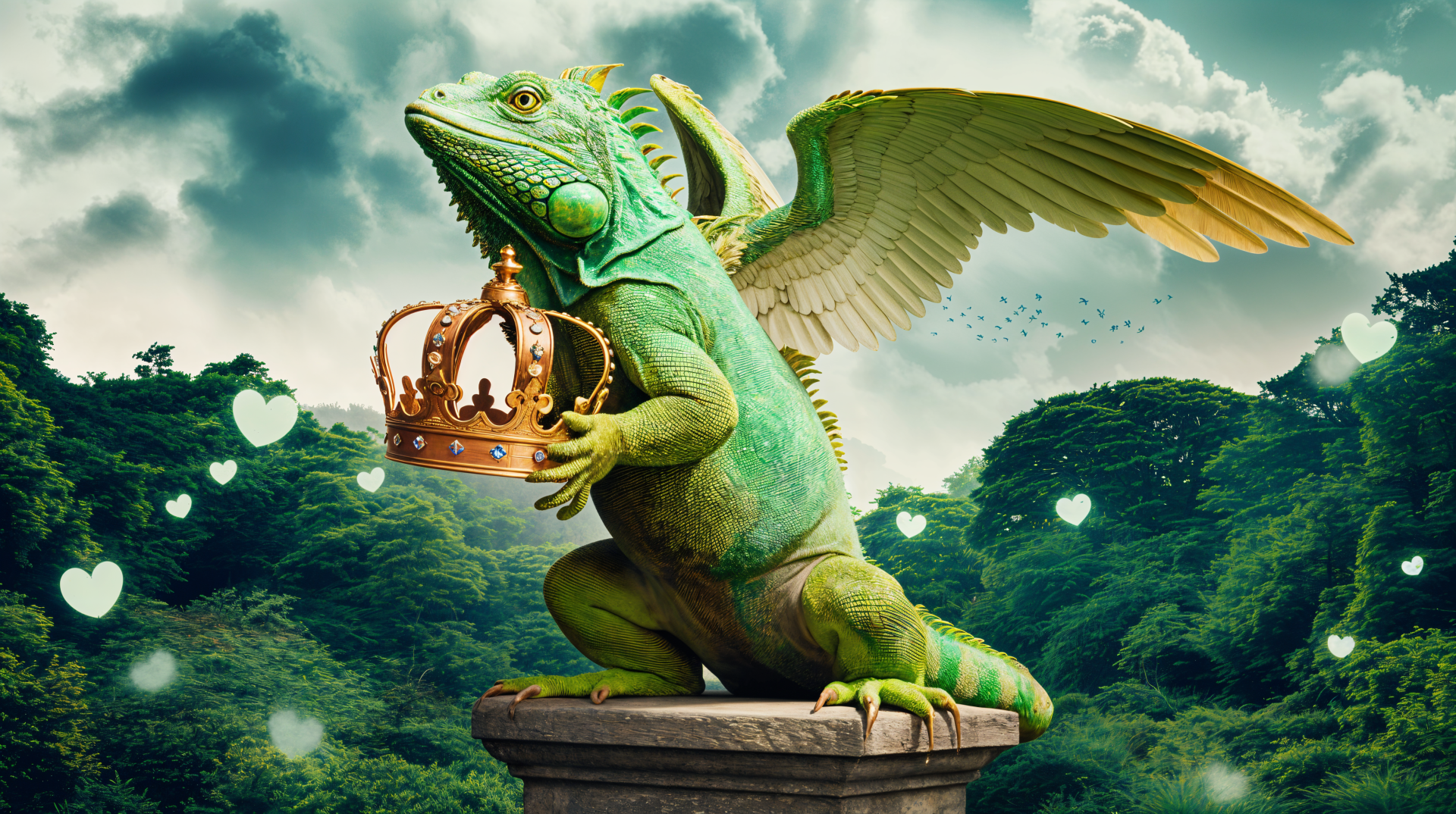 A majestic iguana with wings, holding a crown, perches on a pedestal against a lush, vibrant landscape, showcased as a striking 4K Ultra HD desktop wallpaper.