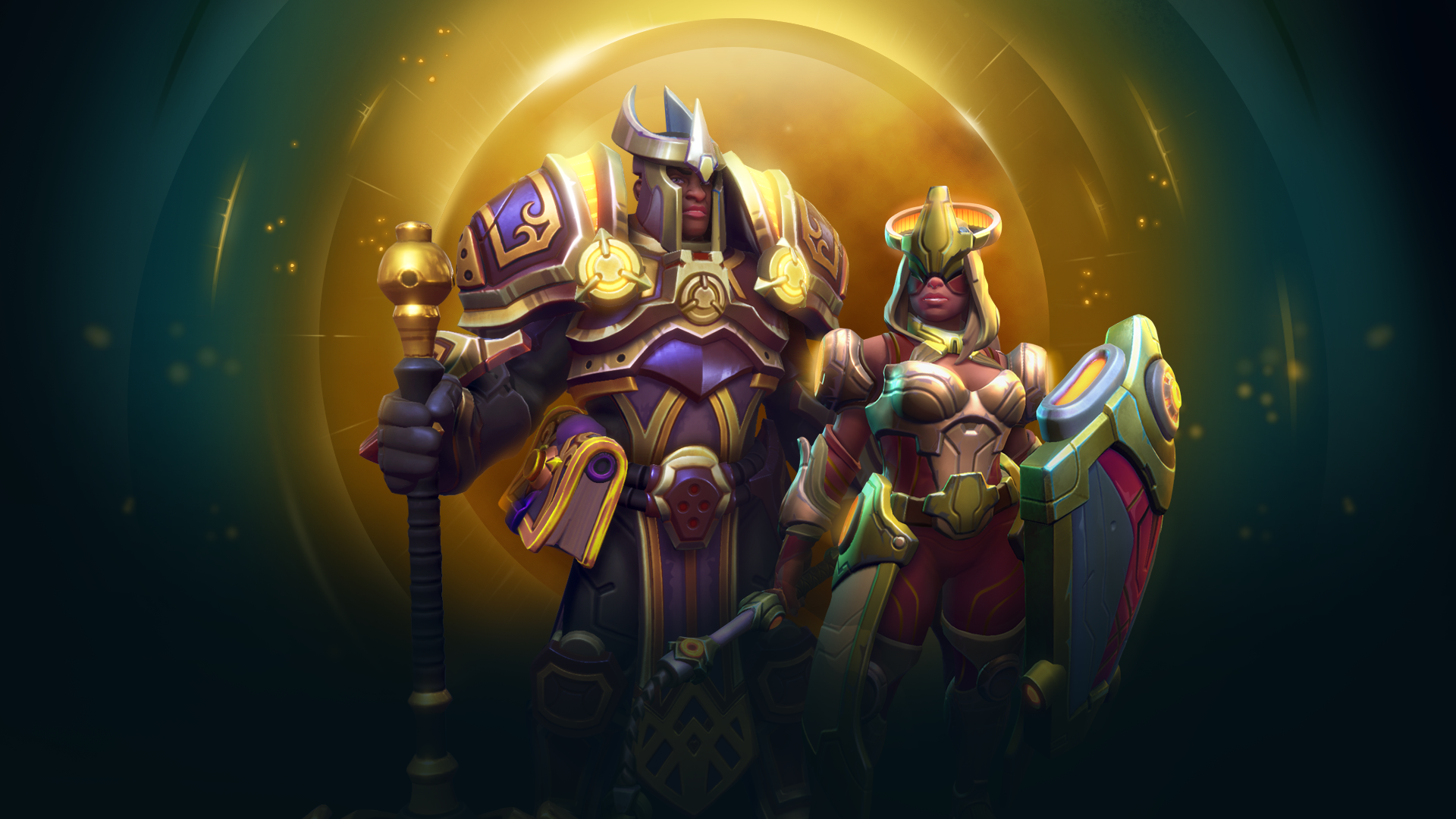 A vibrant HD wallpaper featuring two paladin characters from Corepunk, standing confidently against a radiant background that highlights their armor and weapons.