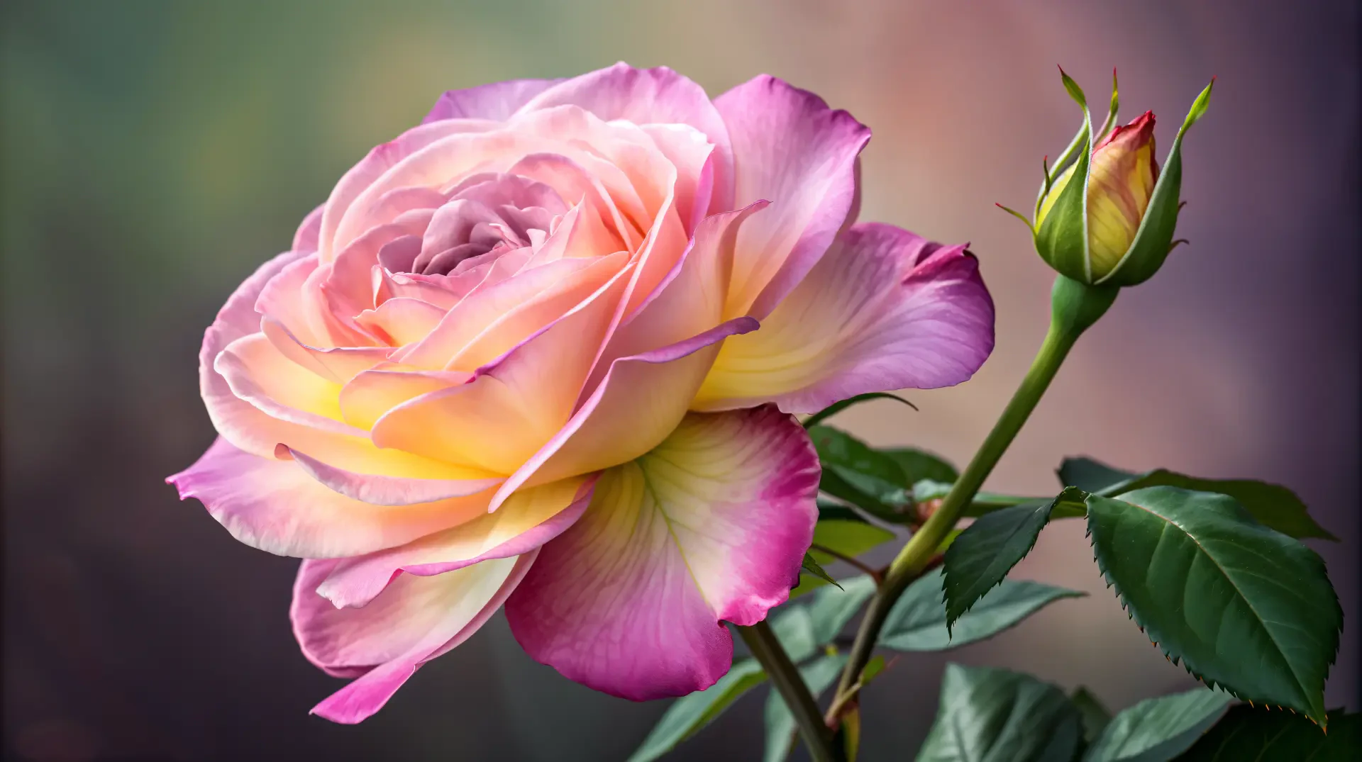 A stunning pink rose, featuring soft petals in shades of pink and yellow, accompanied by a budding rose, serves as a vibrant 4K Ultra HD desktop wallpaper and background.