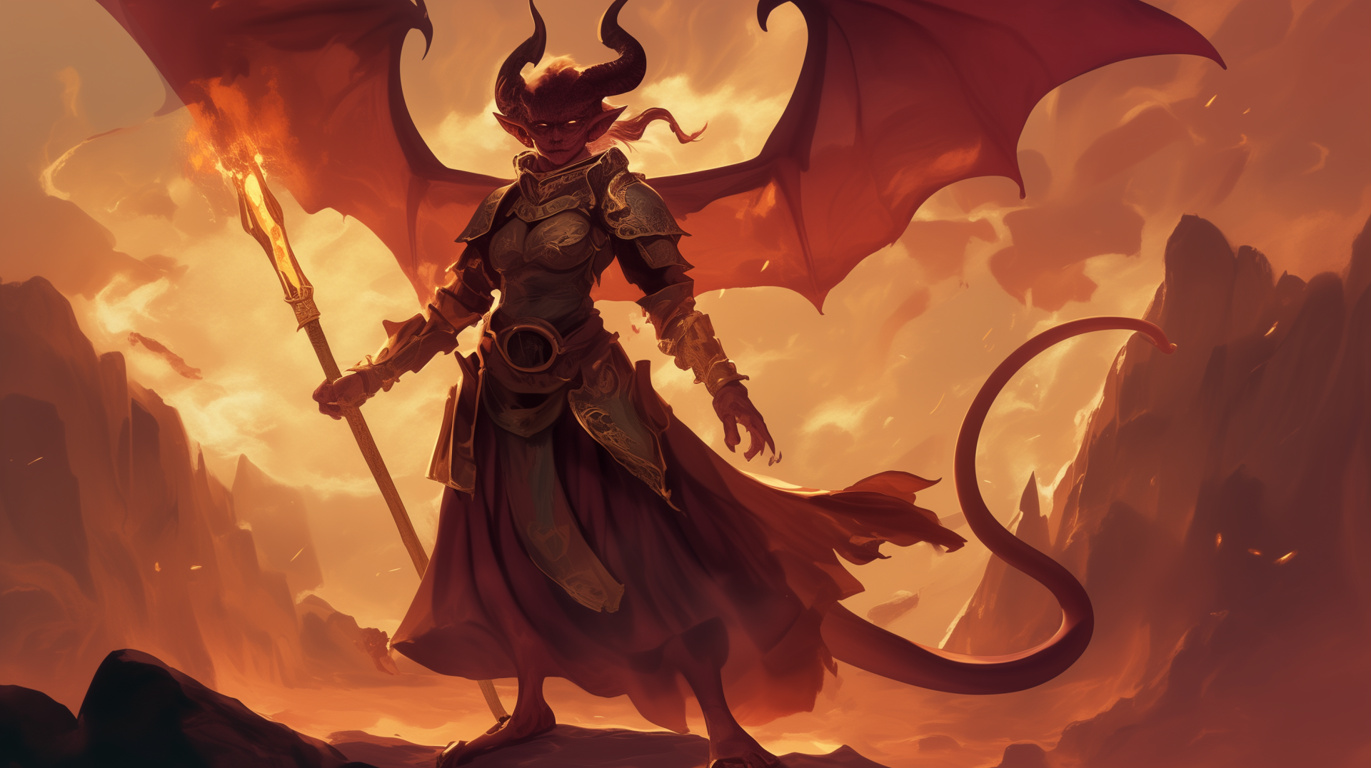 A striking HD wallpaper featuring a Tiefling demon, standing boldly with a fiery staff, vibrant wings unfurled against a dramatic sunset backdrop.