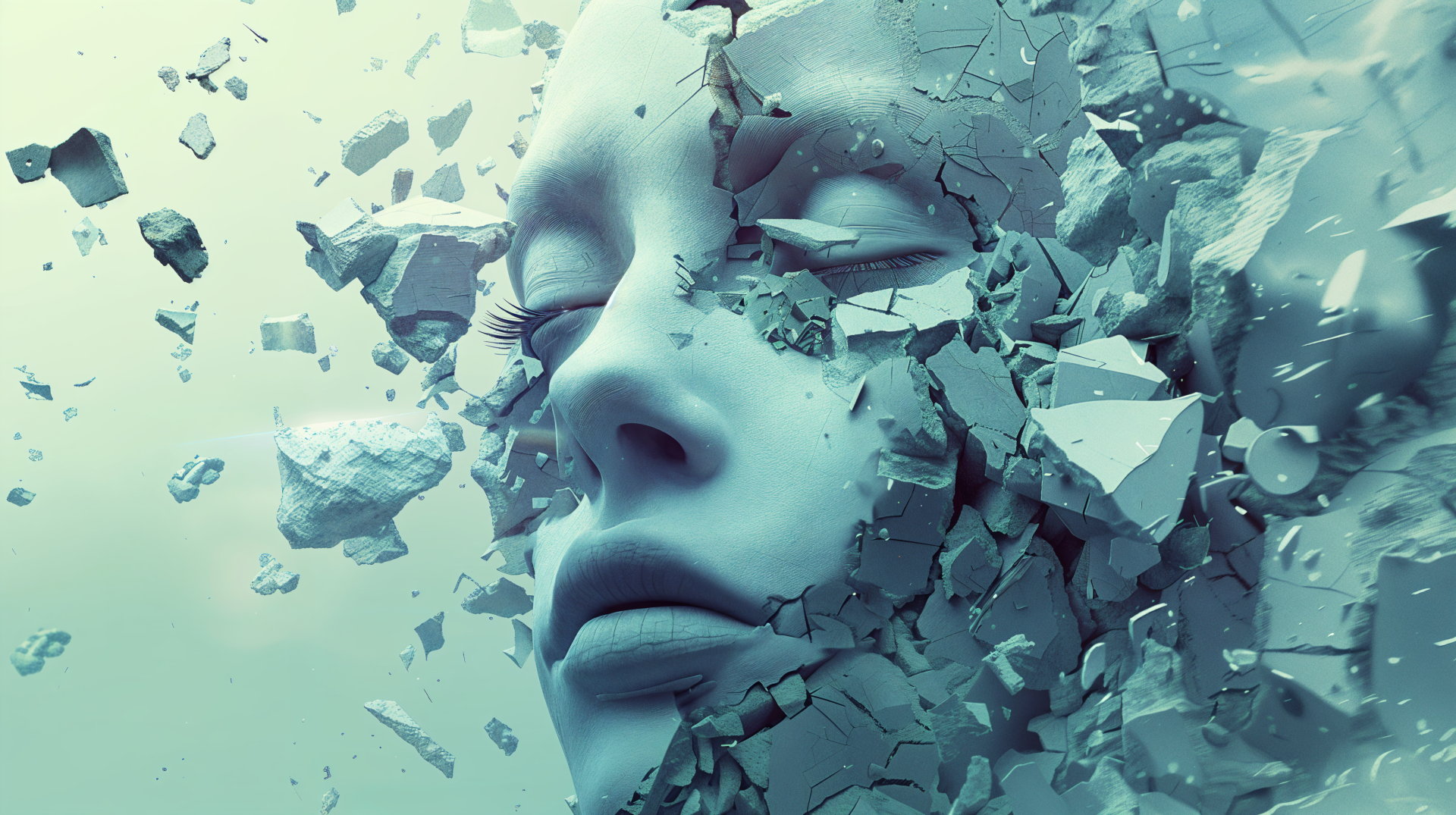 A striking 4K Ultra HD wallpaper depicting a fragmented face emerging from shattered fragments, symbolizing humanity and the essence of the soul.