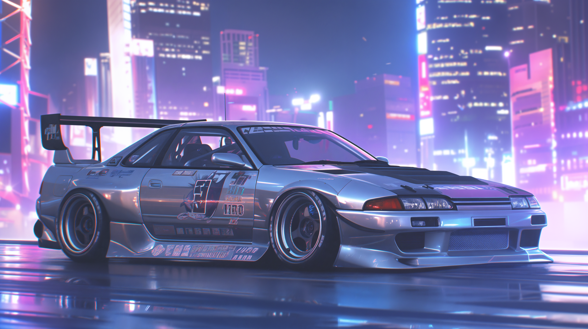 A sleek silver anime car with a prominent rear wing, set against a vibrant city skyline. This 4K Ultra HD wallpaper captures the essence of JDM culture and automotive artistry.