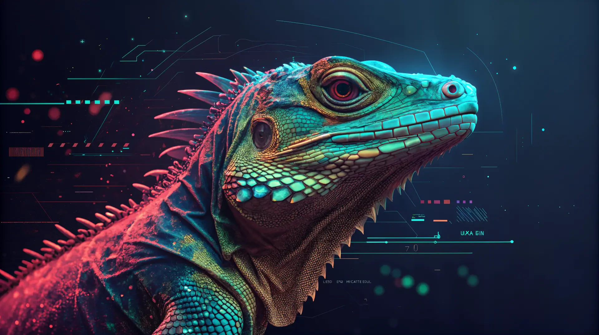 A vibrant, digitally enhanced close-up of a lizard, showcasing intricate textures and colors, set against a futuristic background with glowing geometric patterns.