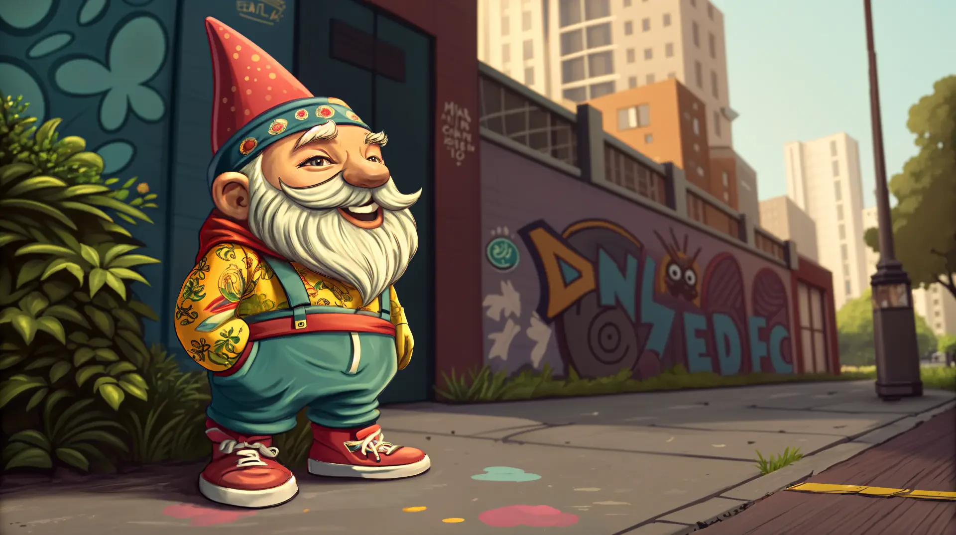 Colorful garden gnome stands confidently on a city sidewalk, surrounded by vibrant graffiti and urban scenery, set against a backdrop of modern buildings. 4K Ultra HD desktop wallpaper.