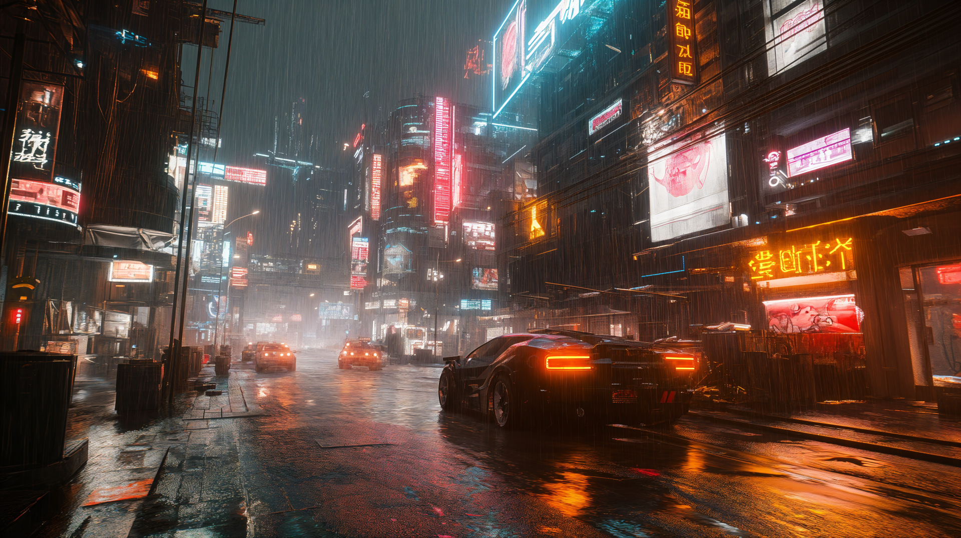 A stunning 4K Ultra HD wallpaper depicts a vibrant cyberpunk city, illuminated by neon lights and drenched in rain, showcasing futuristic cars and a moody atmosphere.