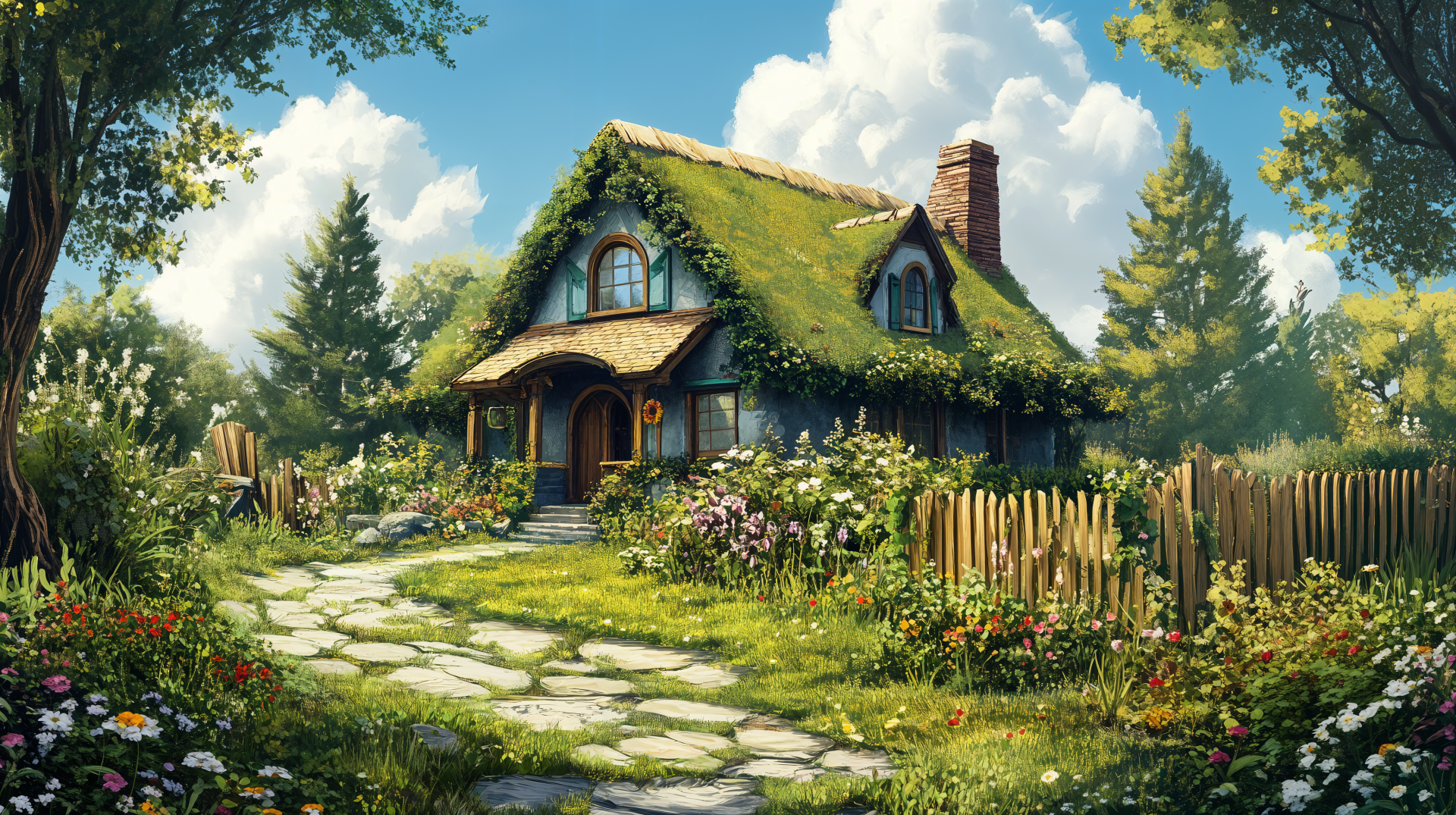 A charming cottage adorned with greenery and flowers, set against a bright sky, embodies the essence of cottagecore in this stunning 4K Ultra HD wallpaper.