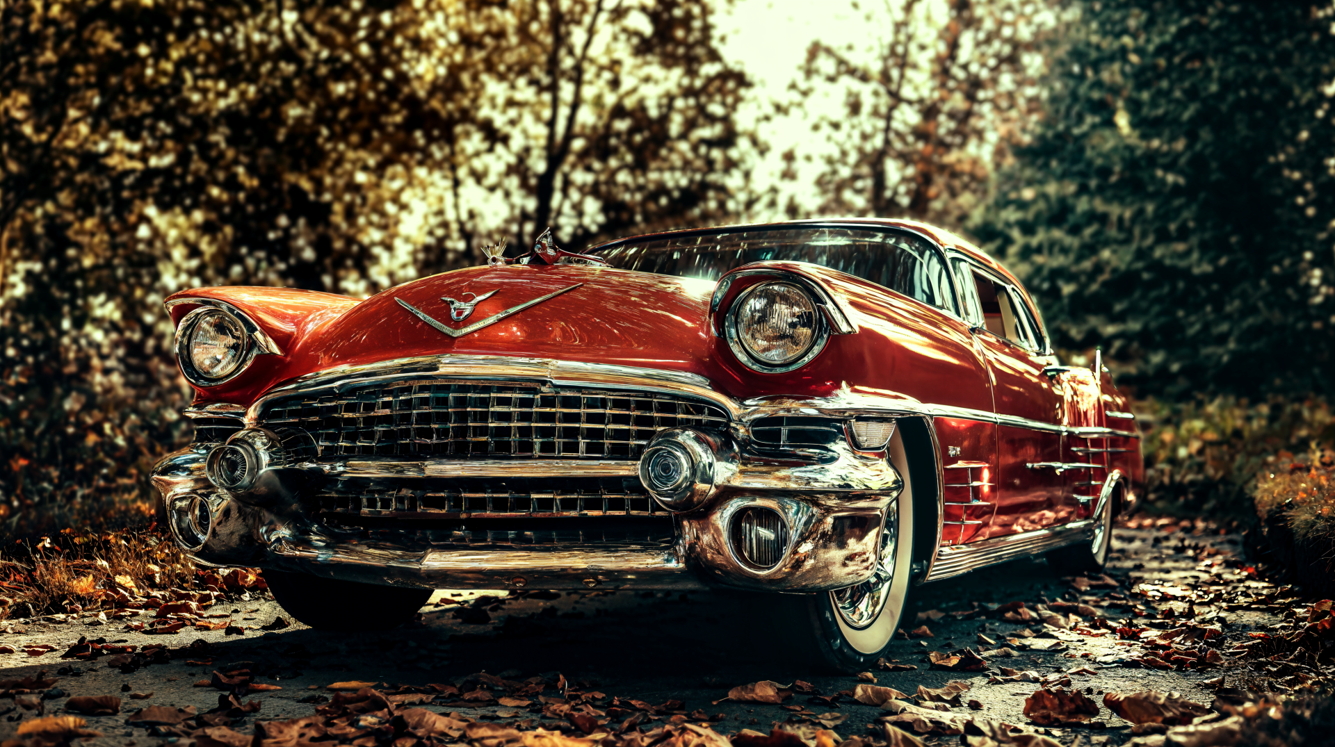 A vintage car in a vibrant autumn setting, with leaves framing its shiny chrome details, serves as a stunning 4K Ultra HD PC desktop wallpaper and background.