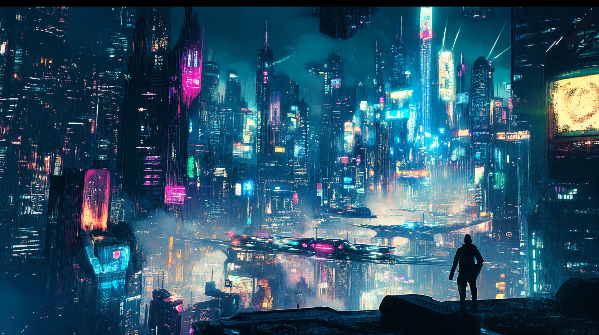 A vibrant cyberpunk cityscape filled with neon lights and towering skyscrapers, set against a dark sky. A figure stands silhouetted, overlooking the bustling futuristic scene. 4K Ultra HD.