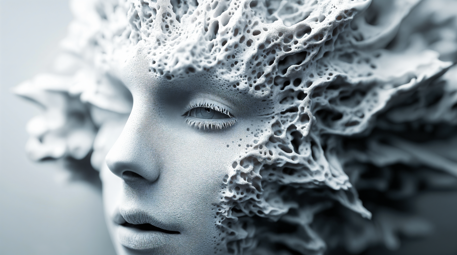 A detailed, futuristic synthoid face, characterized by intricate, organic textures, set against a soft background, creating a captivating sci-fi aesthetic. 4K Ultra HD quality.