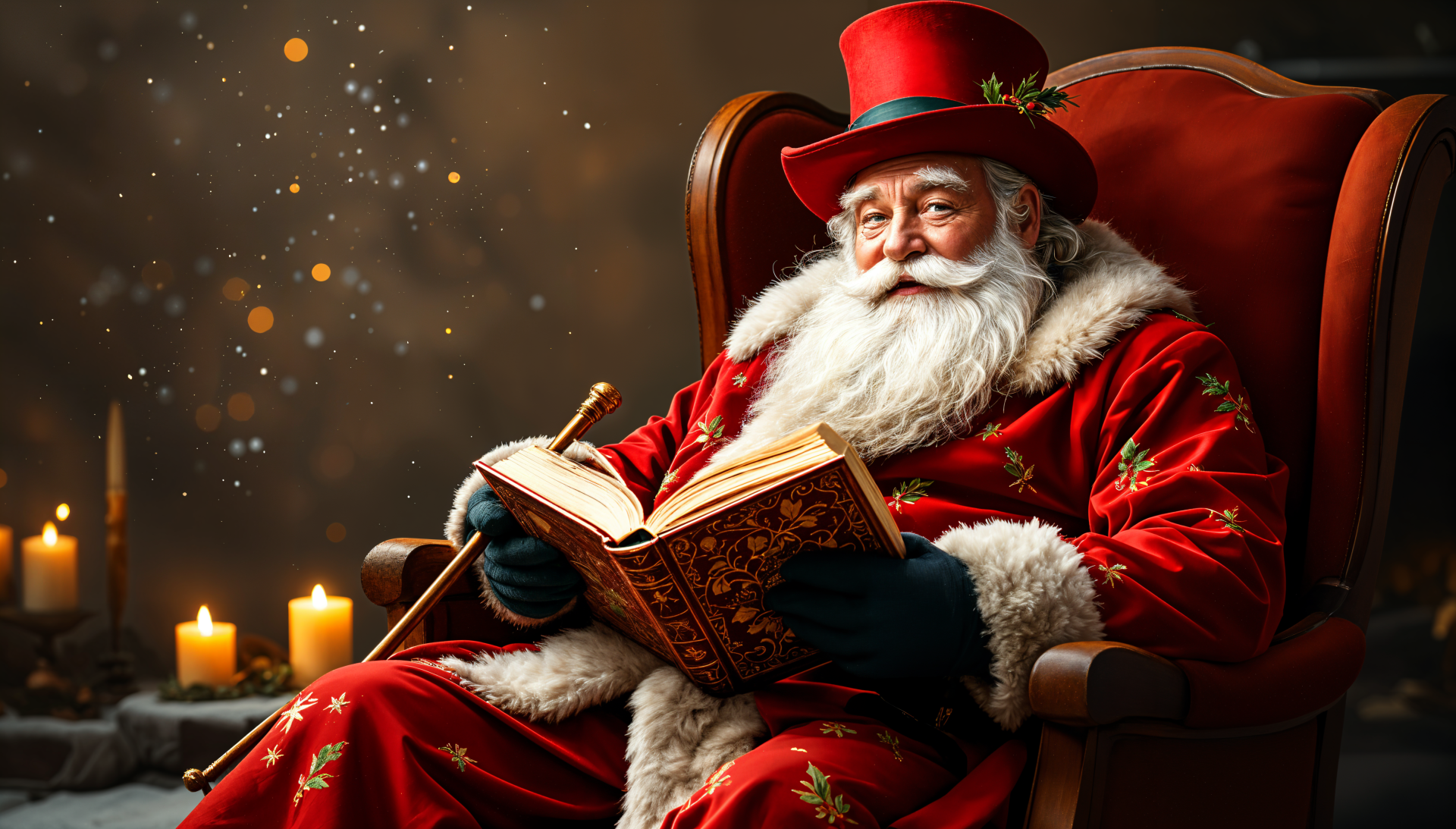 A cheerful Santa Claus in a red suit and hat, sitting in a cozy chair, reading a book. This 4K Ultra HD wallpaper captures a warm, festive atmosphere.