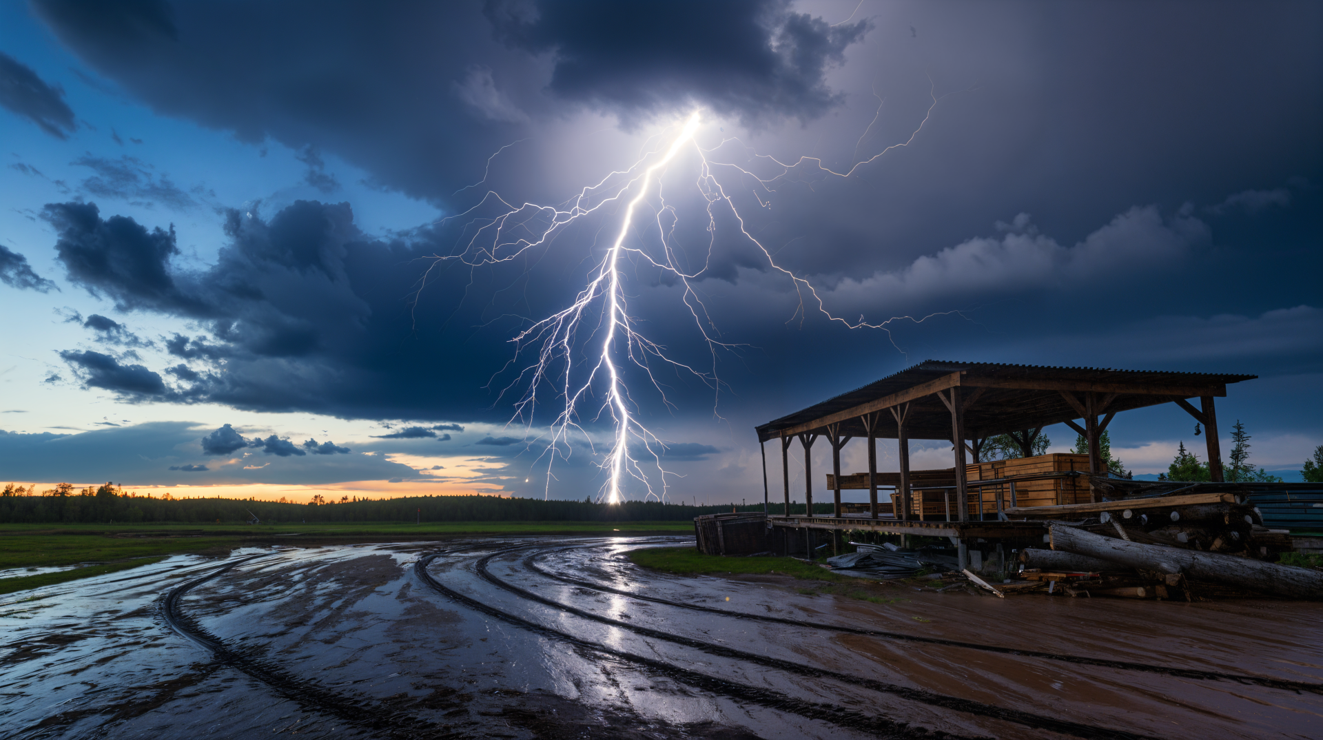 A dramatic lightning strike illuminates a dark sky above a rural landscape, captured in stunning 4K Ultra HD detail, transforming it into a captivating desktop wallpaper.