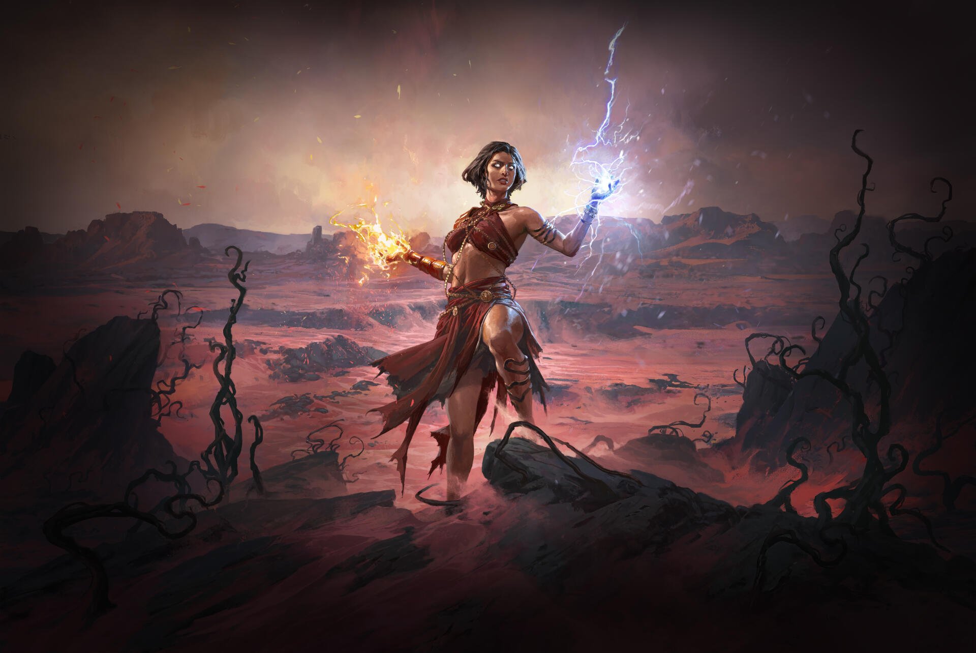 Dynamic 8K Ultra HD wallpaper featuring a shaman from Path of Exile 2, wielding fire and lightning magic against a mystical, dark landscape.