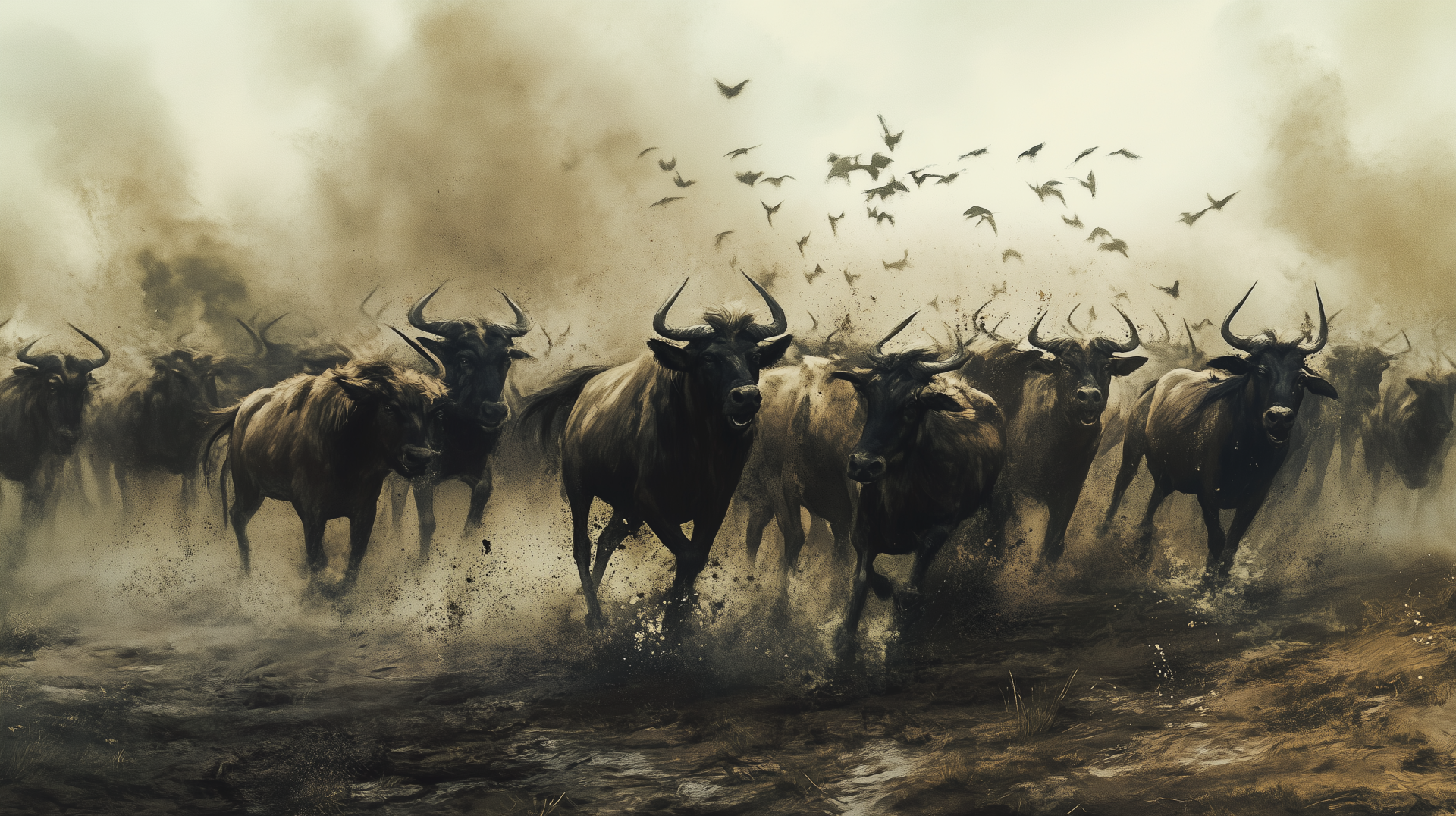 A dramatic scene of a stampede, featuring a group of powerful bulls charging through a dusty field, with birds scattering overhead. This HD image makes an striking desktop wallpaper.