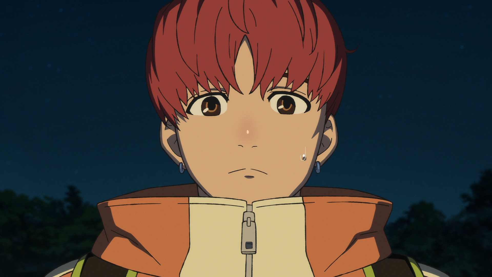 HD anime wallpaper featuring Jin Enjouji from Dandadan with a calm expression against a dark night sky background.