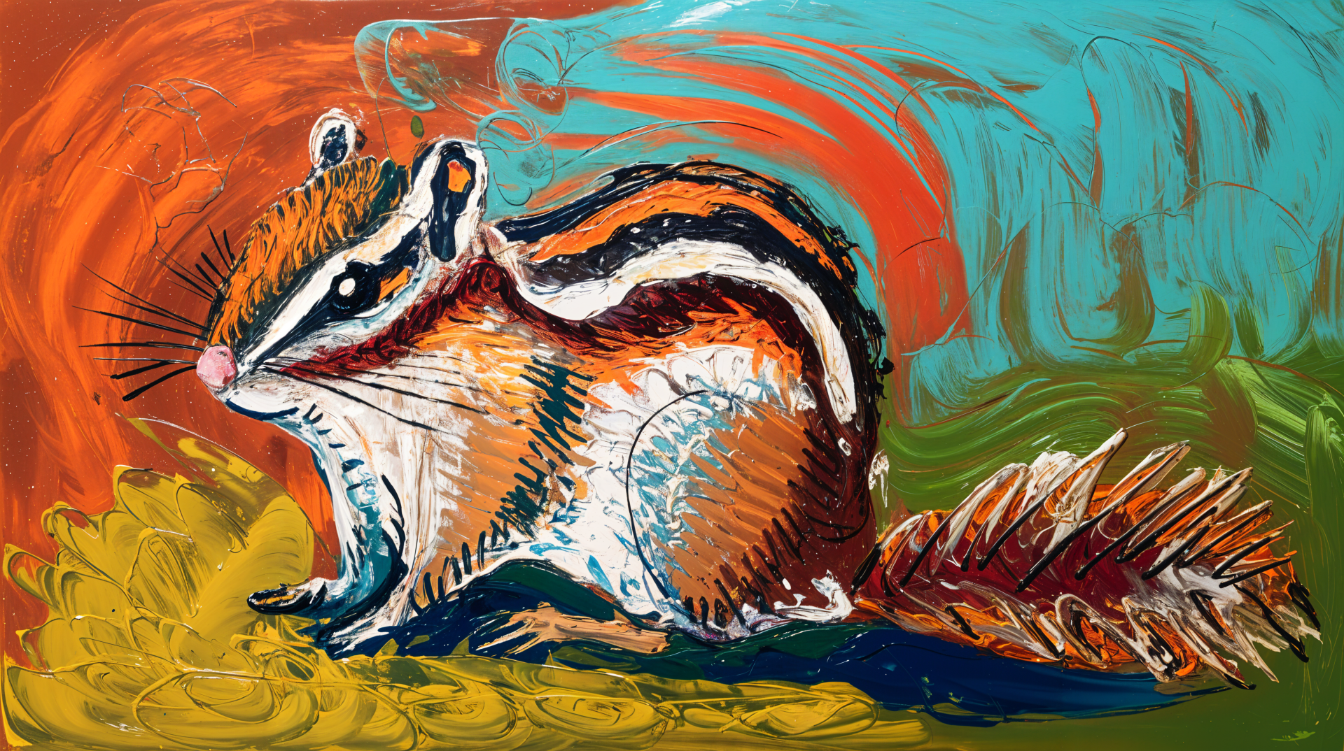 Vibrant painting of a chipmunk with striking stripes against a colorful abstract background, designed as a 4K Ultra HD PC desktop wallpaper.