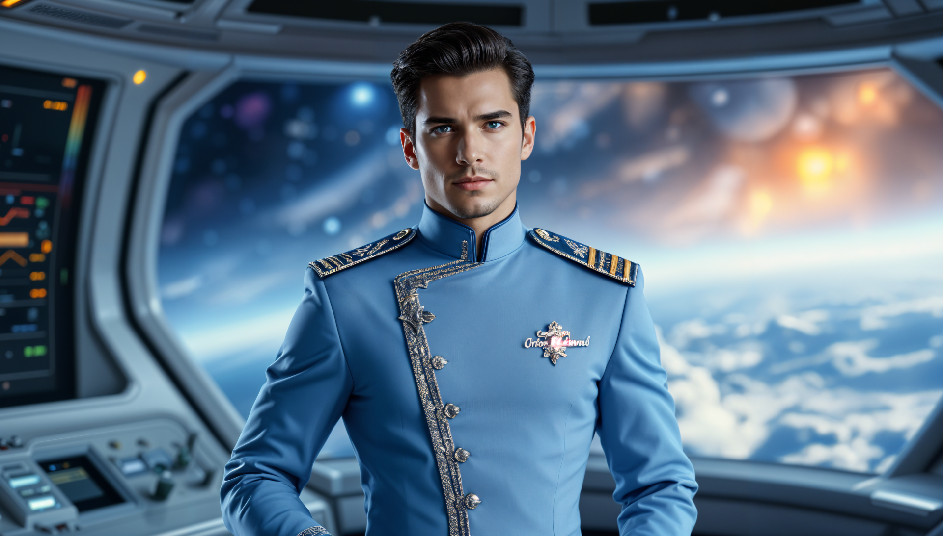 A starship captain in a detailed sci-fi uniform stands confidently inside a spaceship, with a stunning space view visible through the window in this 4K Ultra HD wallpaper.