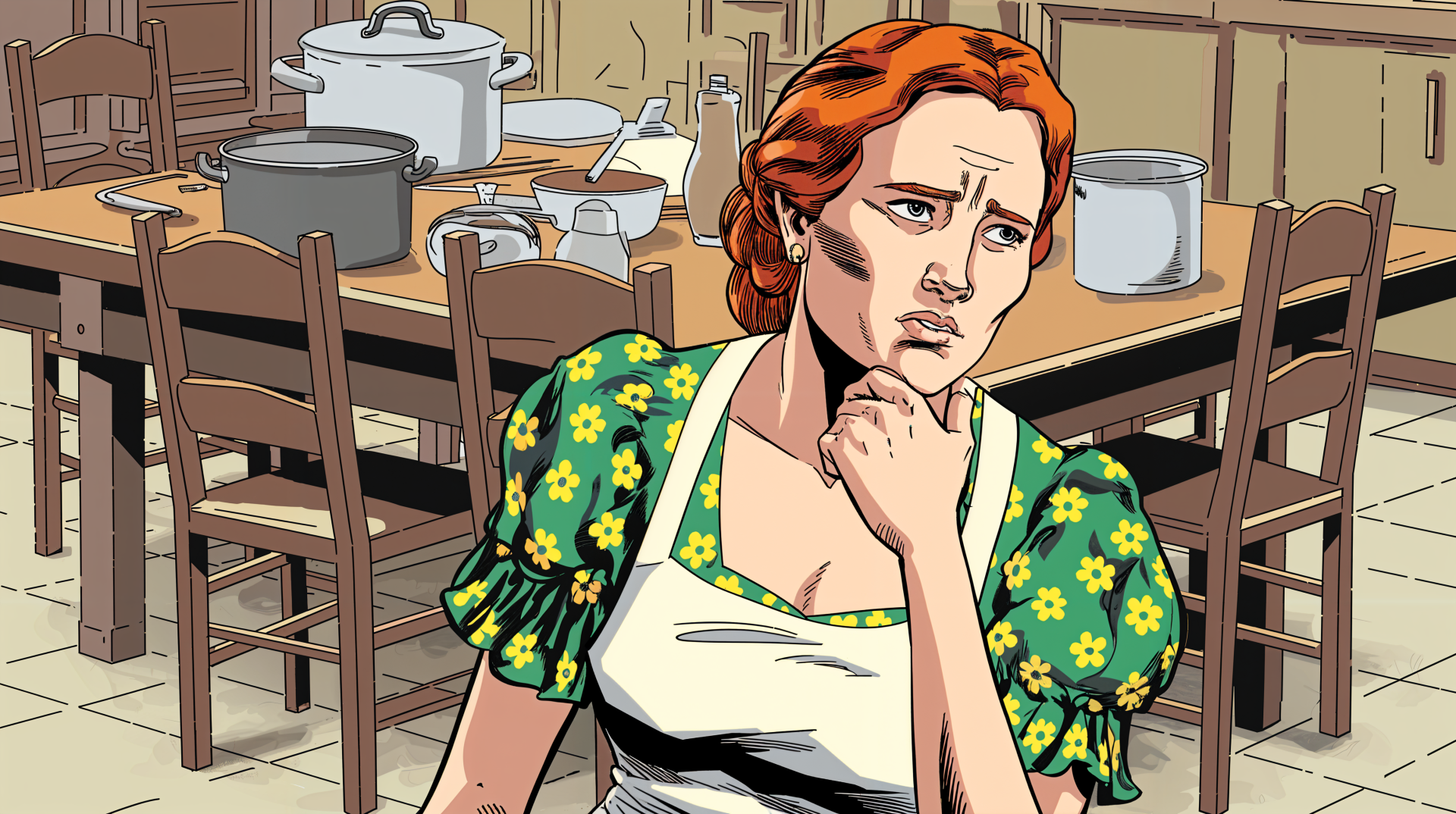 A woman with red hair and a floral dress sits thoughtfully in a kitchen surrounded by pots and utensils, captured in this 4K Ultra HD desktop wallpaper.