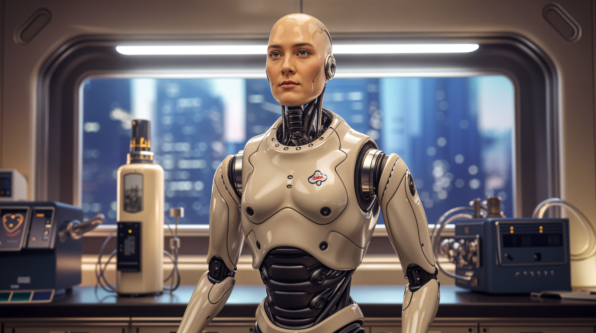 A Synthoid stands confidently in a futuristic environment, showcasing advanced robotics and technology, designed as a 4K Ultra HD PC desktop wallpaper and background.