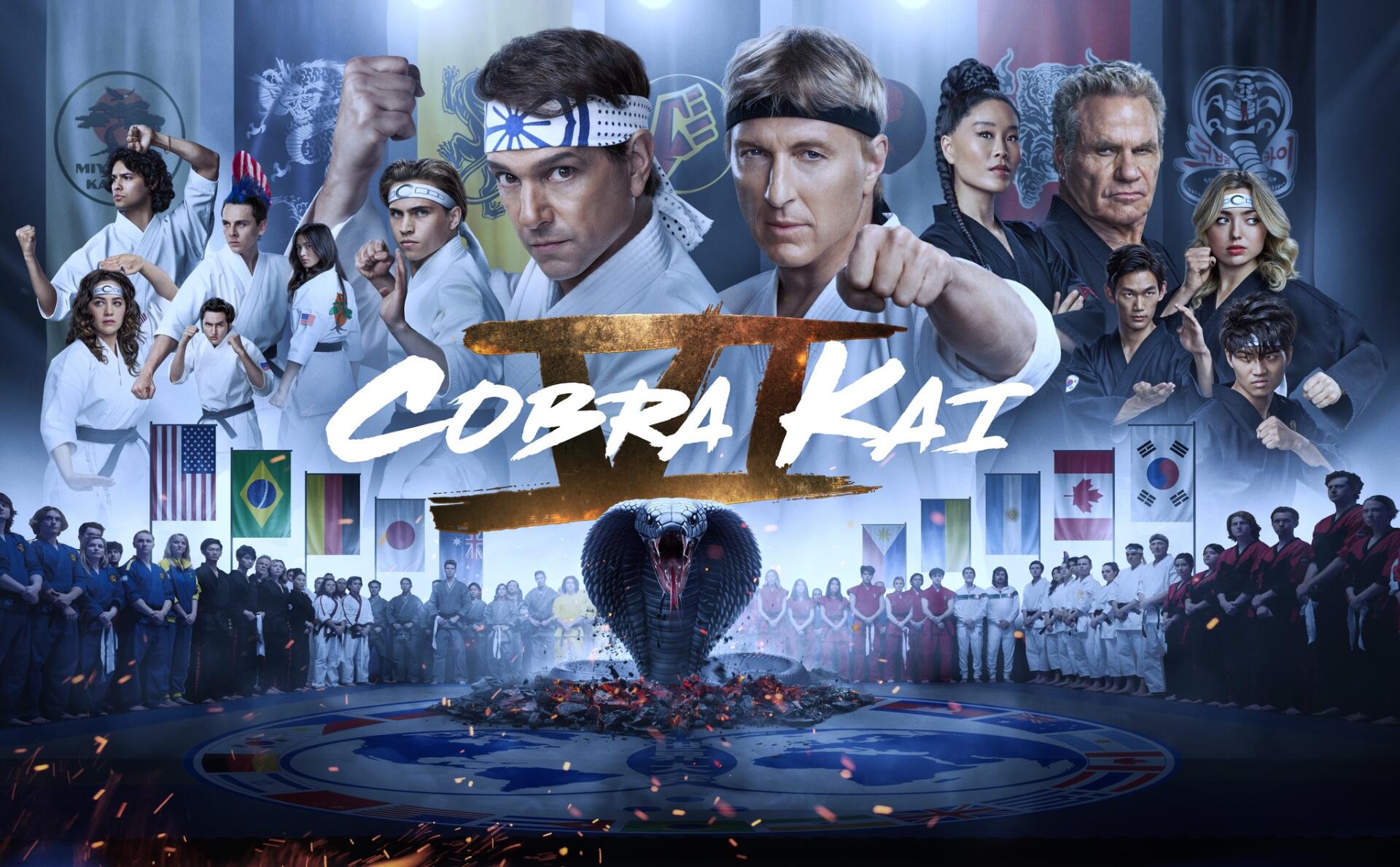 HD PC desktop wallpaper featuring the main cast of Cobra Kai in martial arts poses with dojo and flags in the background.
