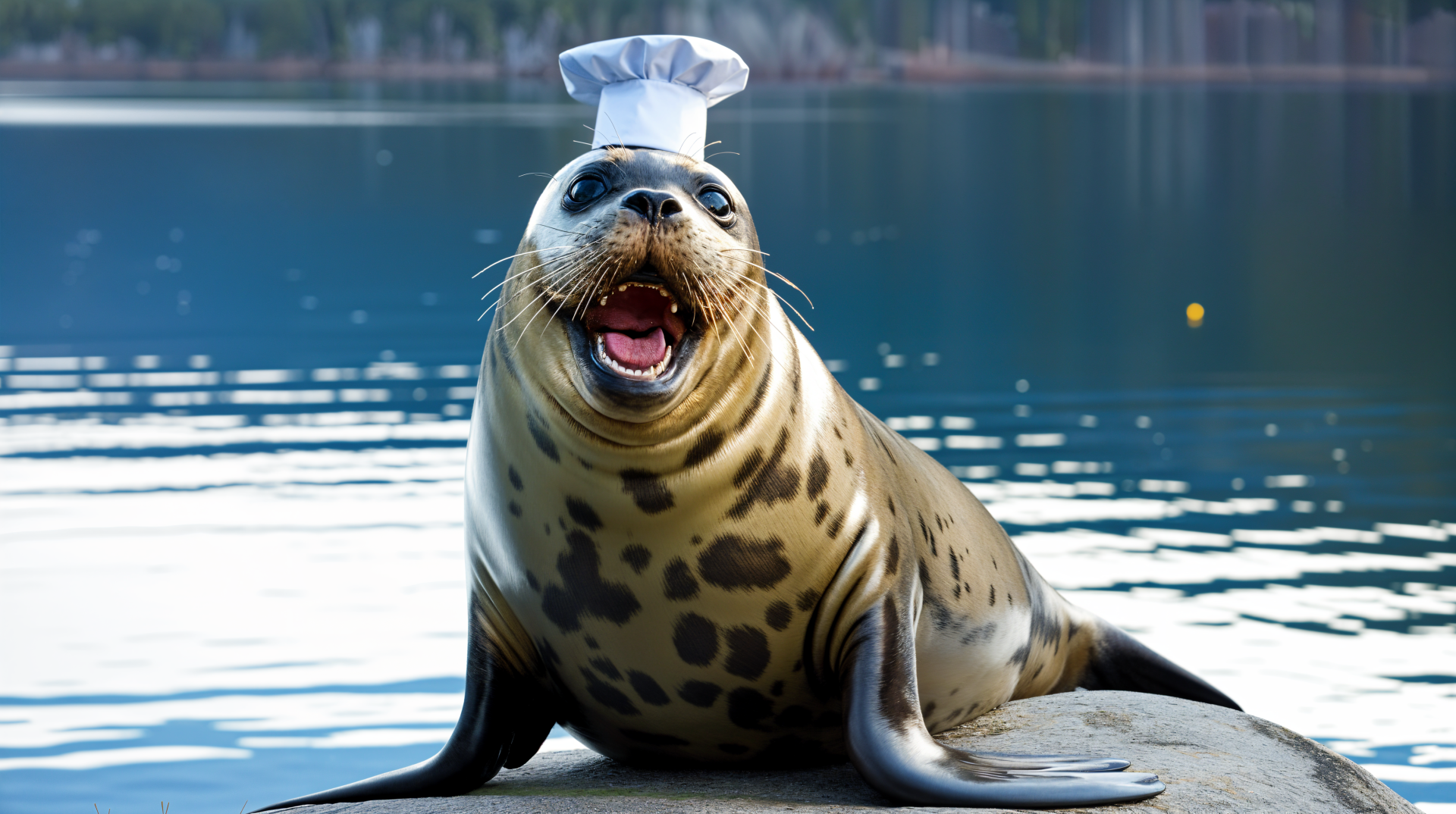 A seal wearing a chef hat by the water, captured in sharp 4K Ultra HD, blending animal charm with a playful cooking theme for a vibrant PC desktop wallpaper.