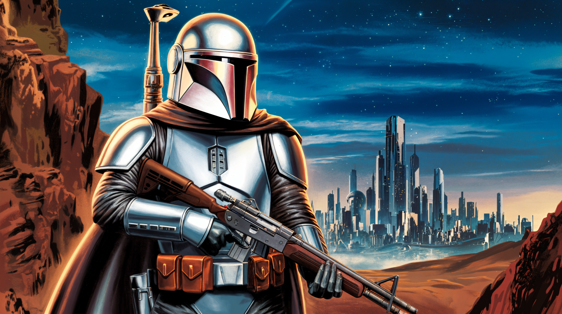 A futuristic bounty hunter stands confidently in a vibrant desert landscape, holding a rifle, with a sleek city skyline under a starry sky in the background. 4K Ultra HD wallpaper.