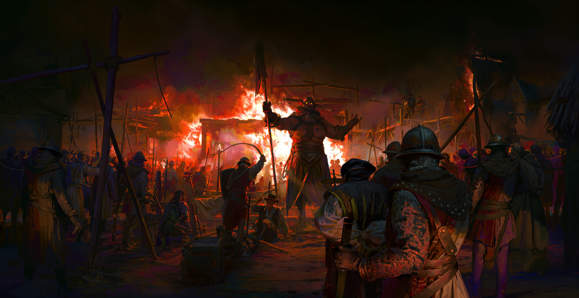A dramatic scene from Path of Exile 2, featuring an army amidst chaos, with flames illuminating shadowy figures in a dark, immersive landscape. 4K Ultra HD quality.