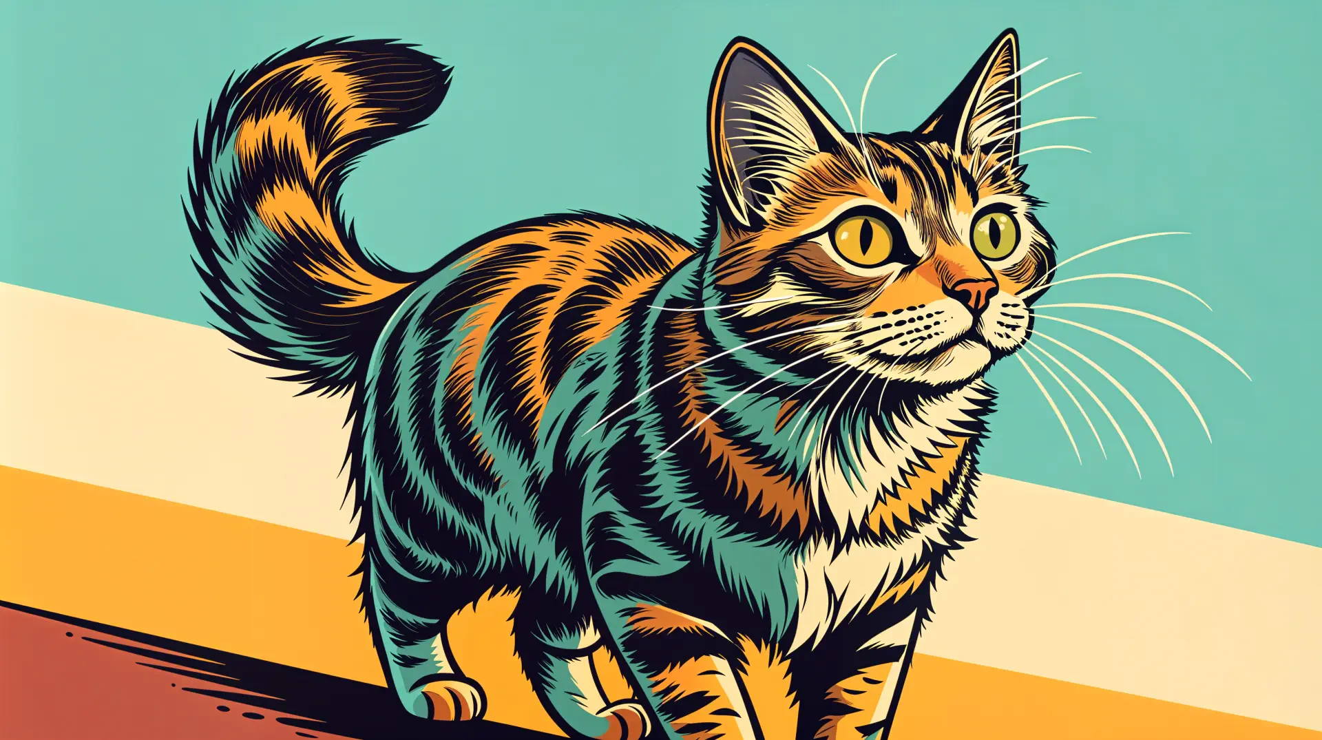 A vibrant illustration of a cat, showcasing striking stripes and expressive eyes, serves as a stunning 4K Ultra HD desktop wallpaper and background.