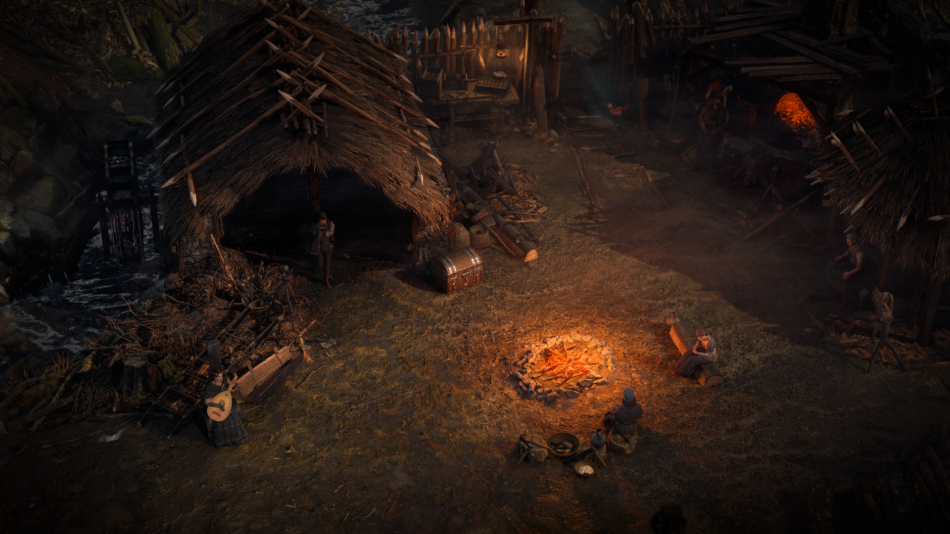A dark, atmospheric scene from Path of Exile 2, showcasing a rustic settlement with a glowing campfire, scattered supplies, and a mysterious figure near a storage shed.
